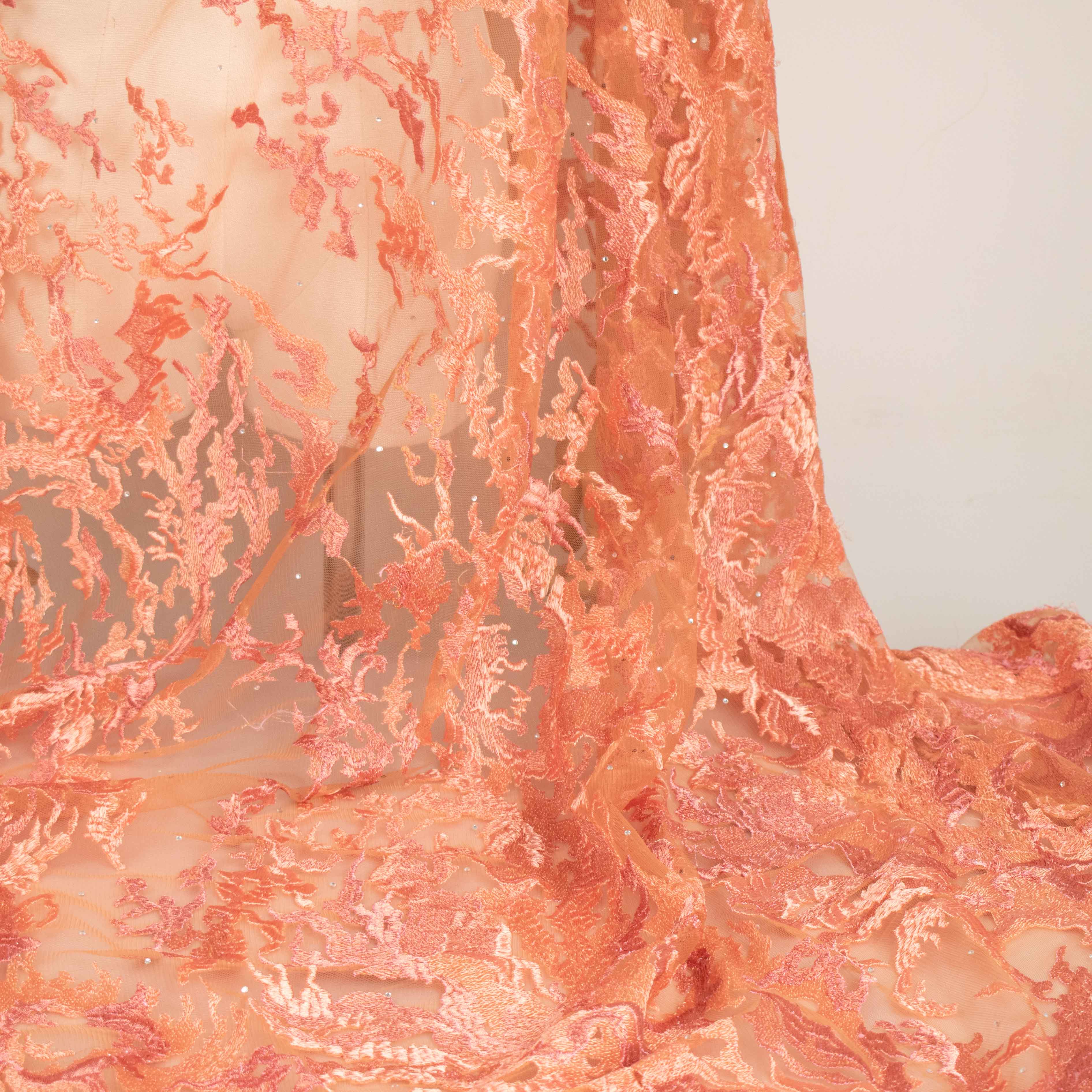 Embroidered Diamante Lace Design-4 Coral Orange
