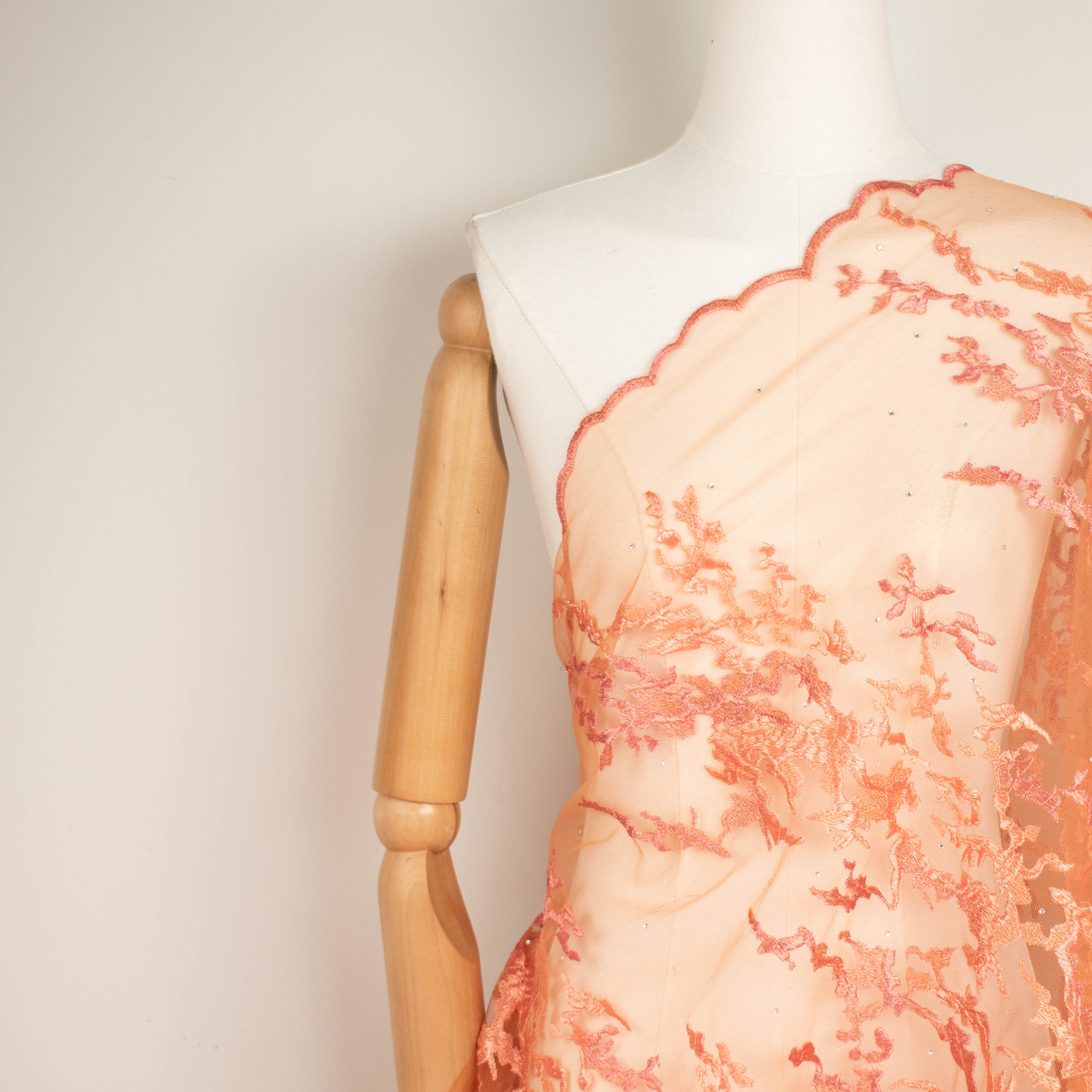 Embroidered Diamante Lace Design-4 Coral Orange