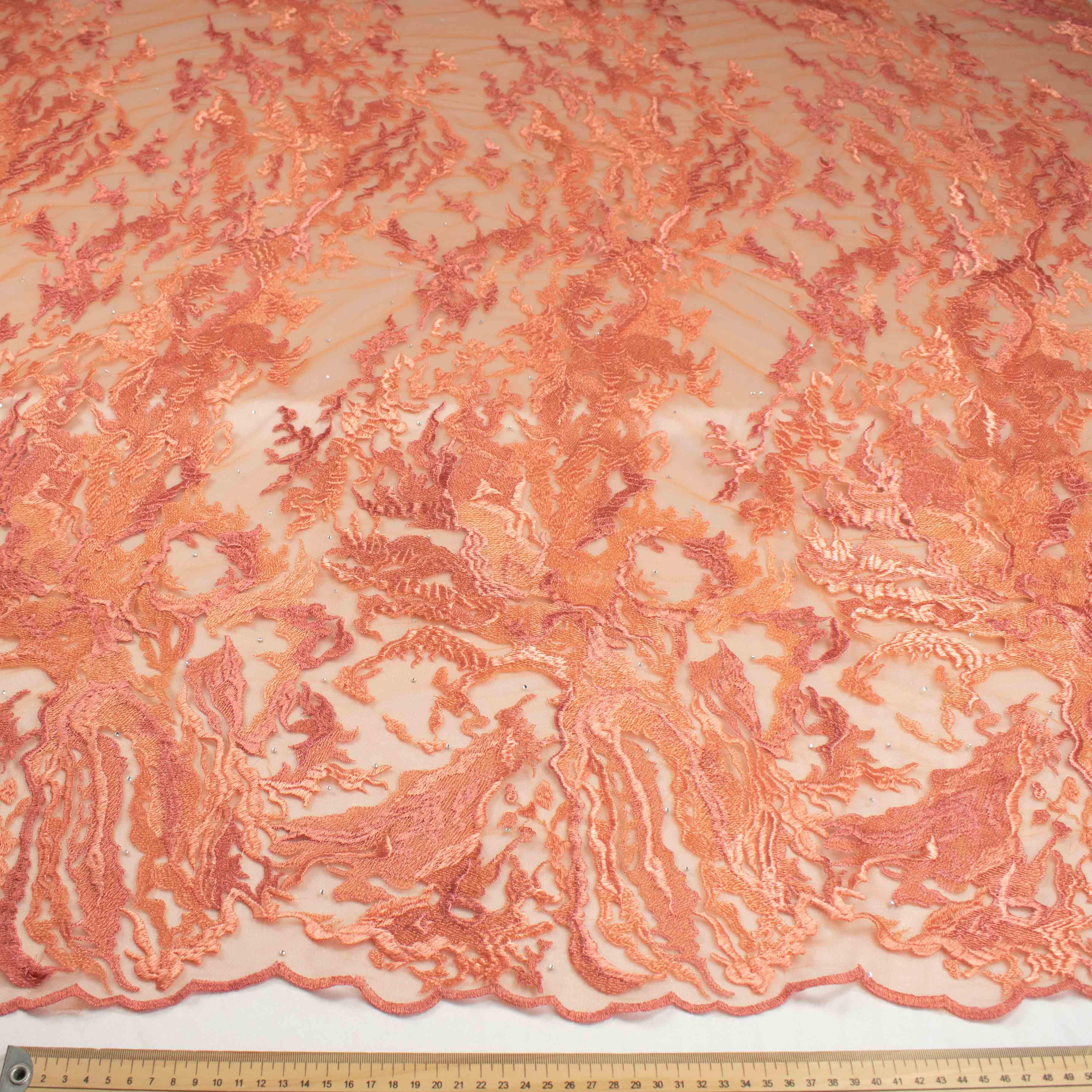 Embroidered Diamante Lace Design-4 Coral Orange