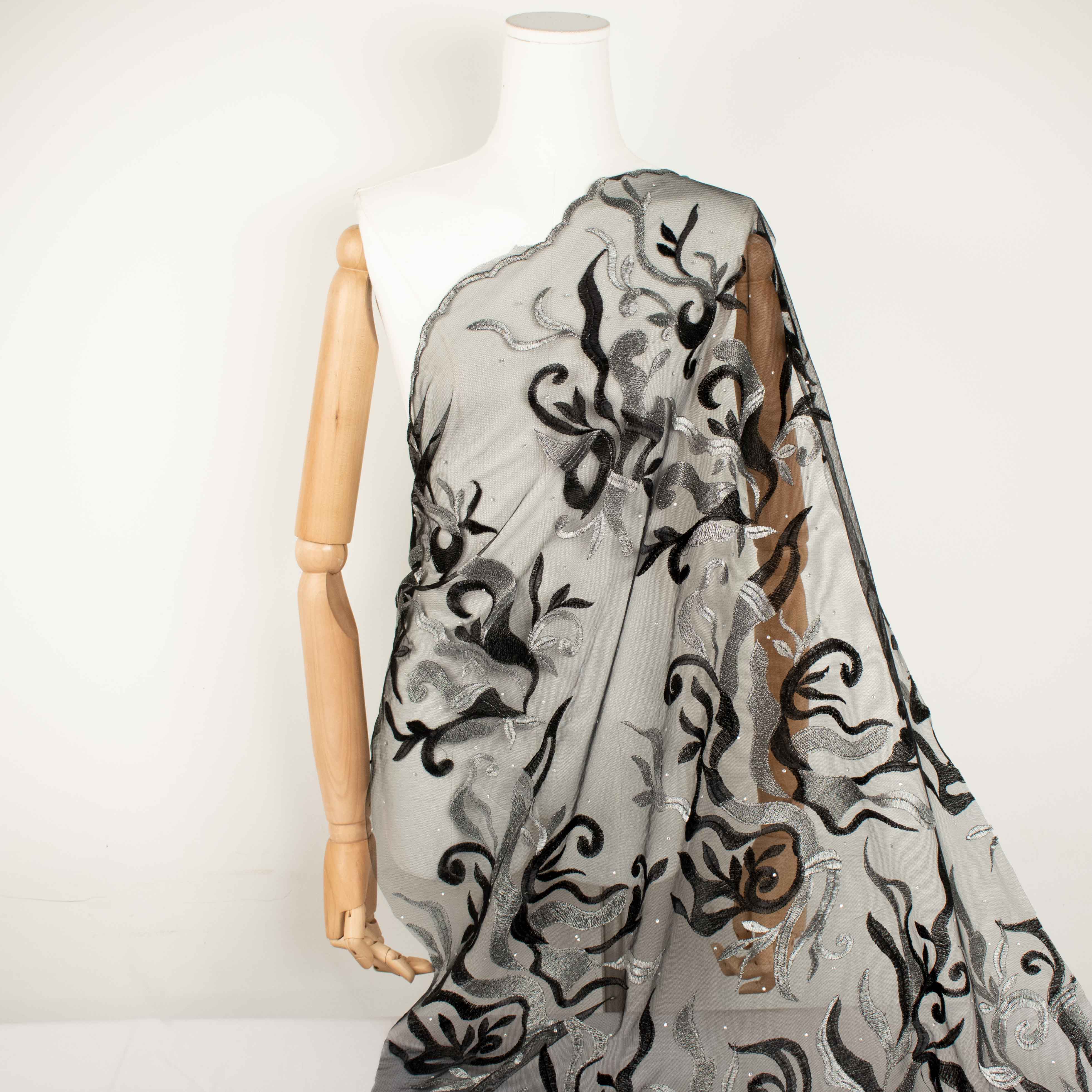 Embroidered Diamante Lace Design-5 Silver & Black