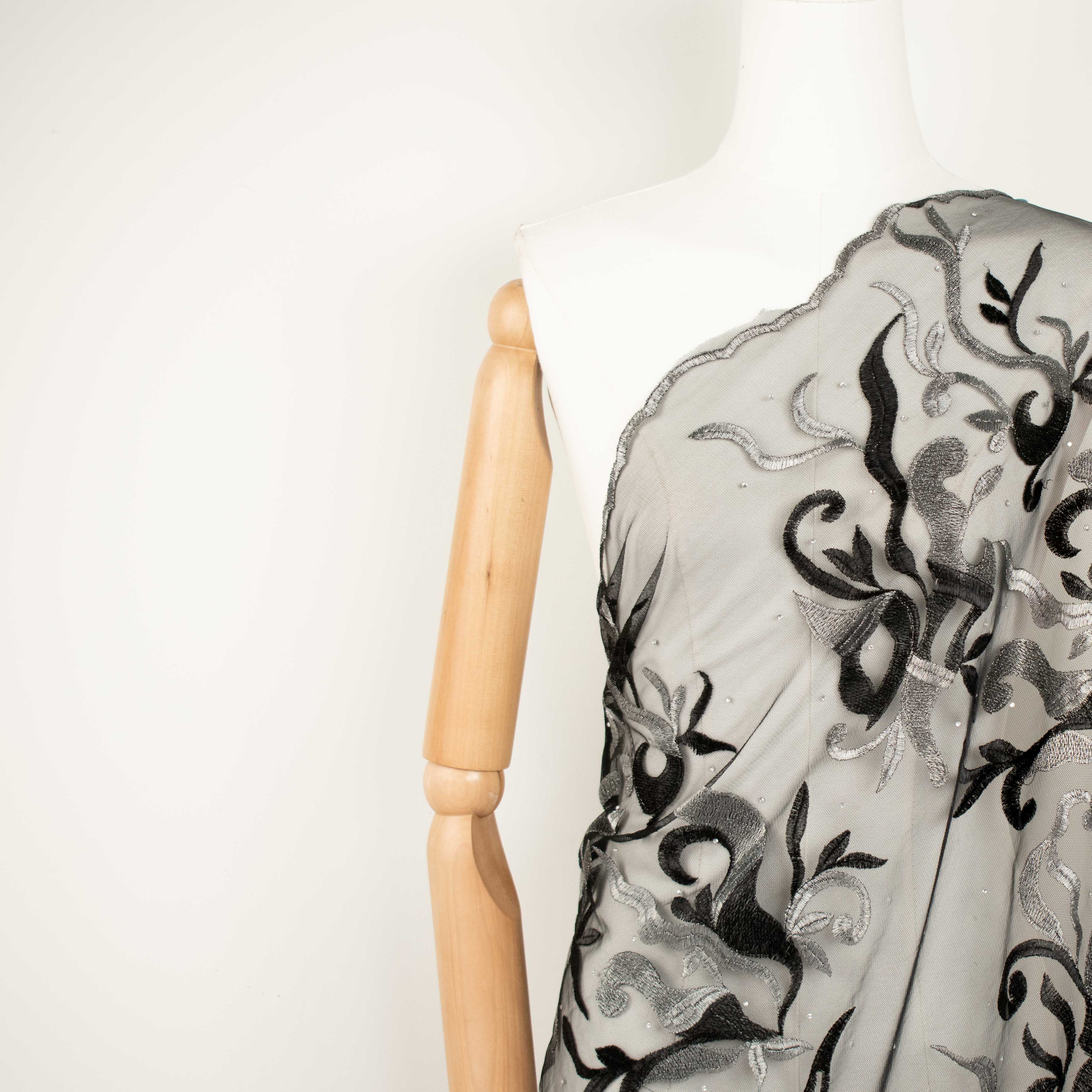 Embroidered Diamante Lace Design-5 Silver & Black