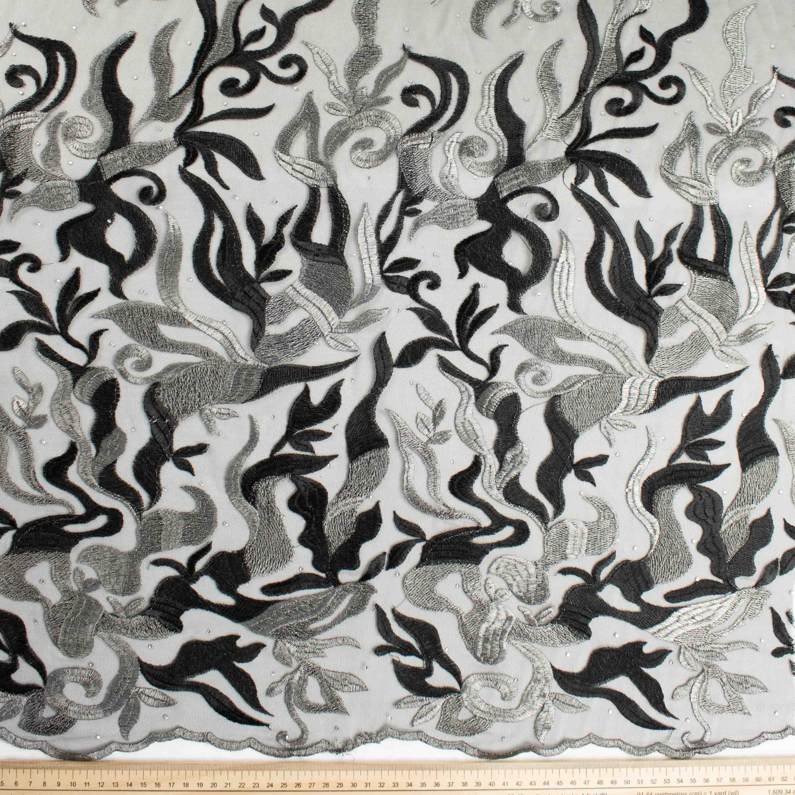 Embroidered Diamante Lace Design-5 Silver & Black