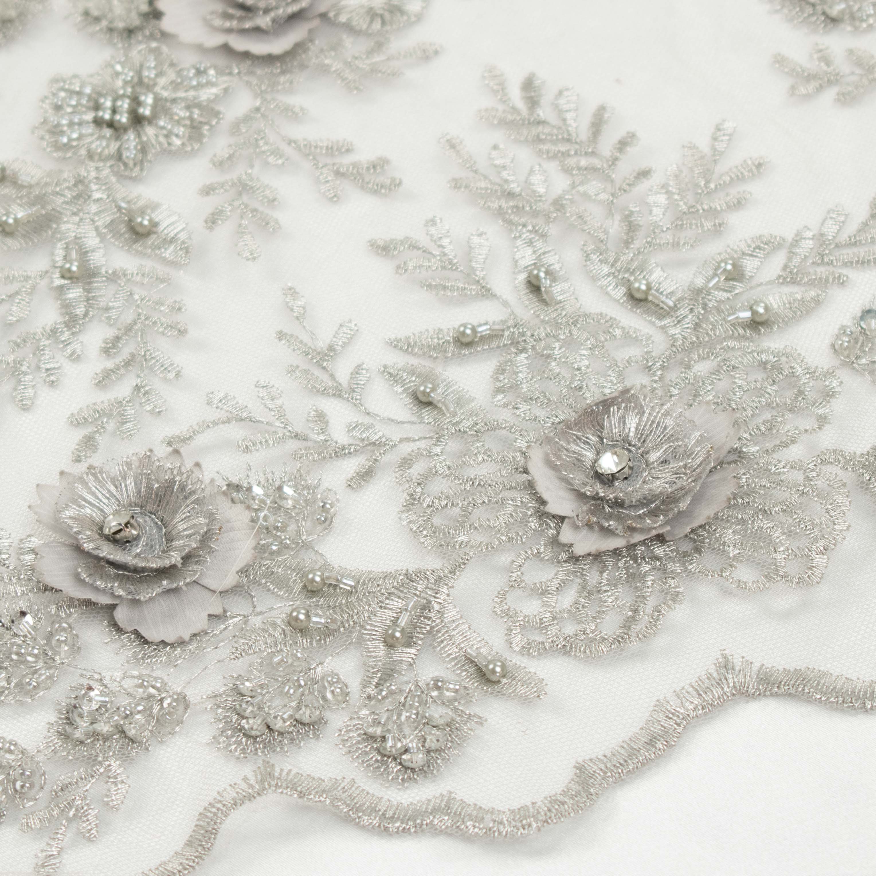 Diamante 3D Roses With Pearl Beaded Sequins Lace  Silver