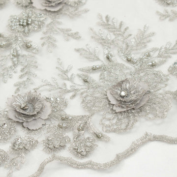 Diamante 3D Roses With Pearl Beaded Sequins Lace  Silver
