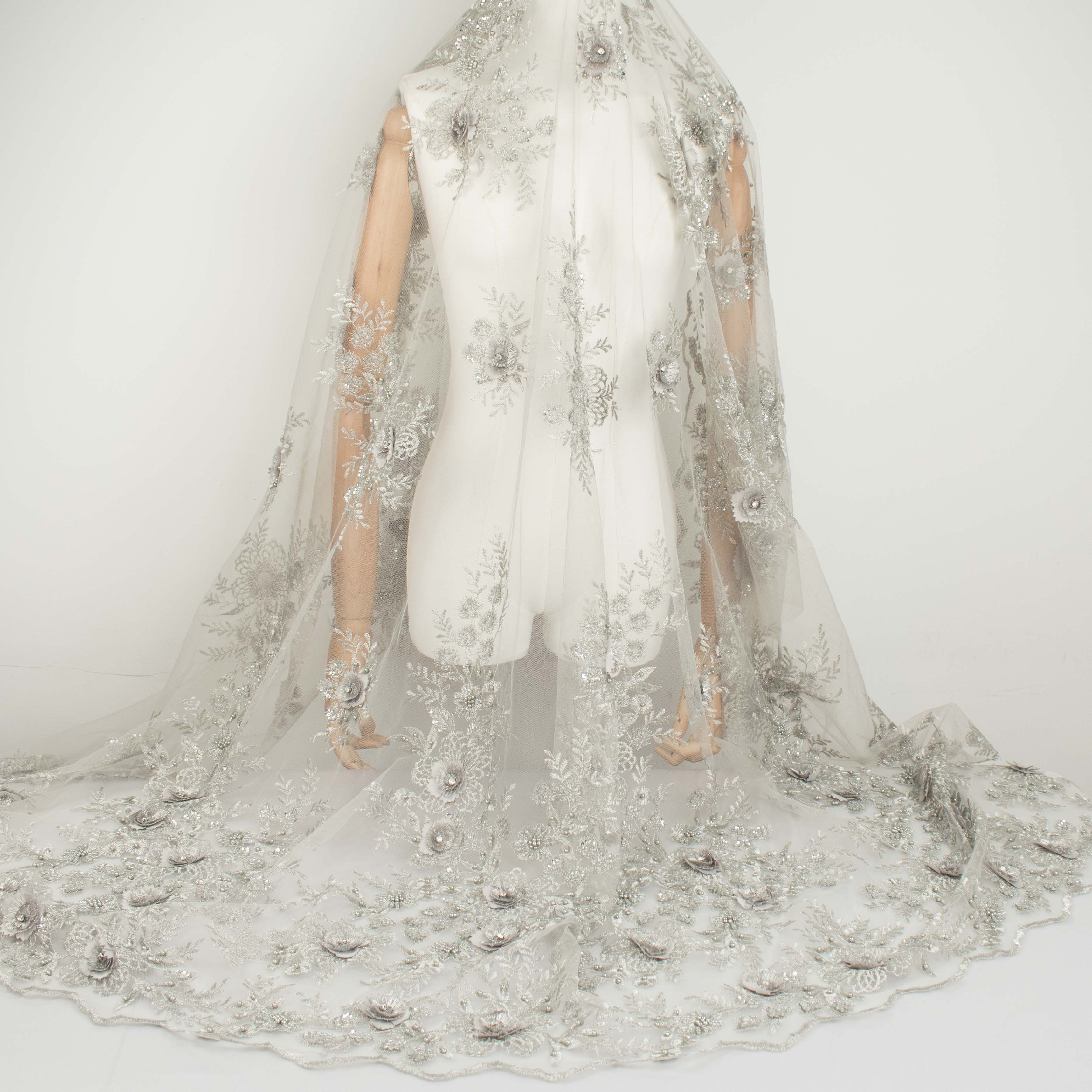 Diamante 3D Roses With Pearl Beaded Sequins Lace  Silver