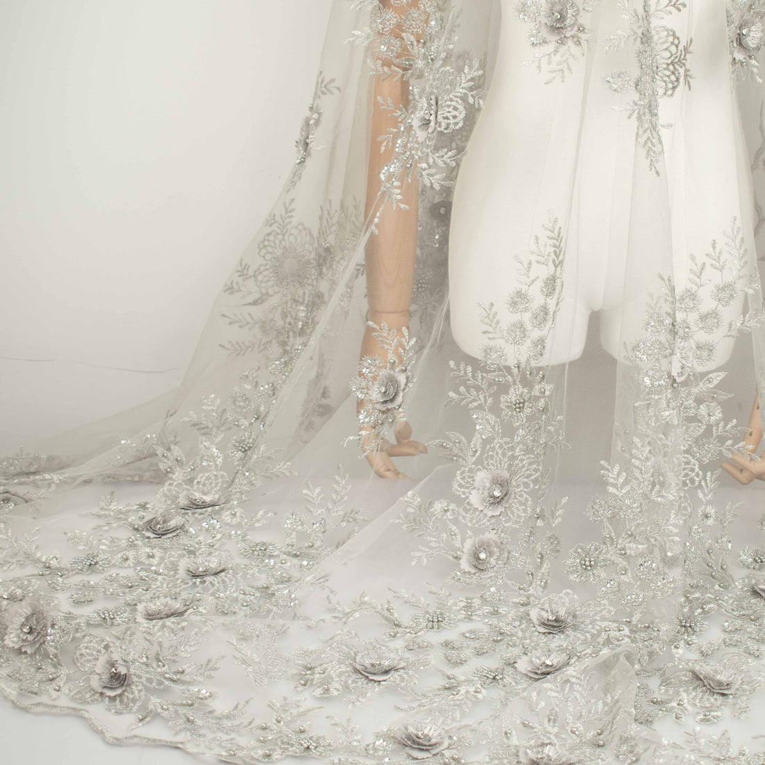 Diamante 3D Roses With Pearl Beaded Sequins Lace  Silver