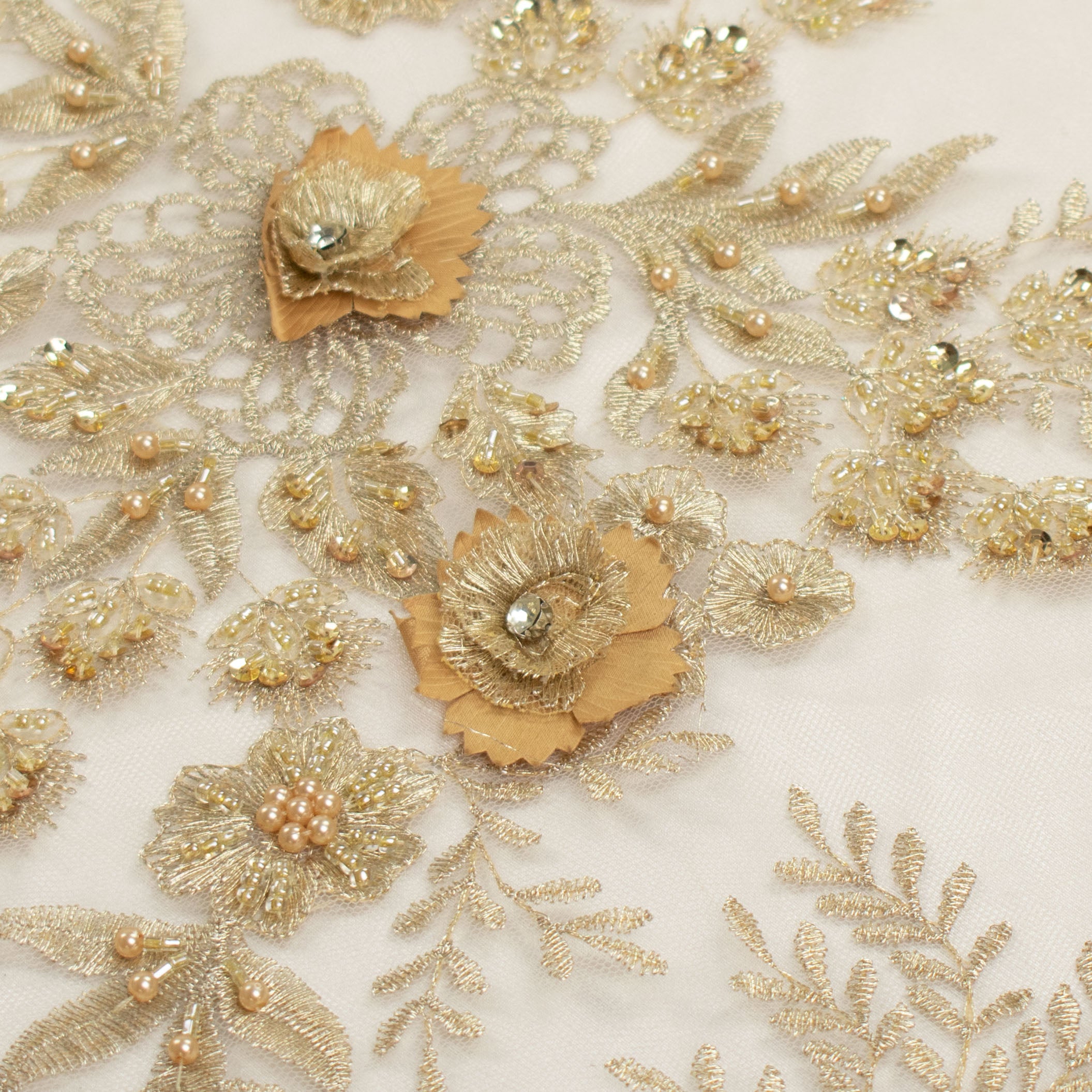 Diamante 3D Roses With Pearl Beaded Sequins Lace Gold