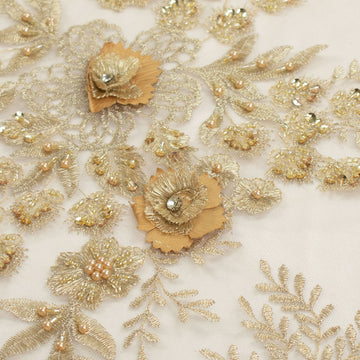 Diamante 3D Roses With Pearl Beaded Sequins Lace Gold