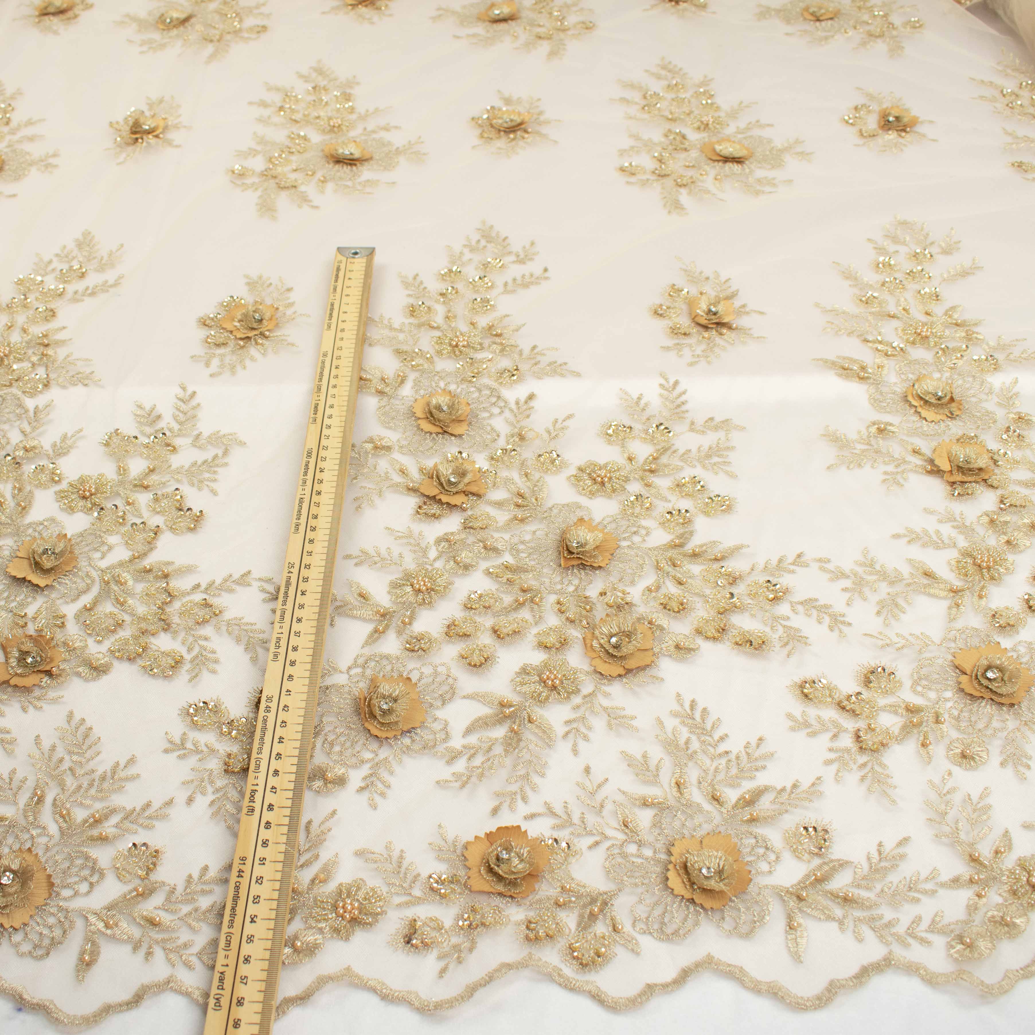 Diamante 3D Roses With Pearl Beaded Sequins Lace Gold