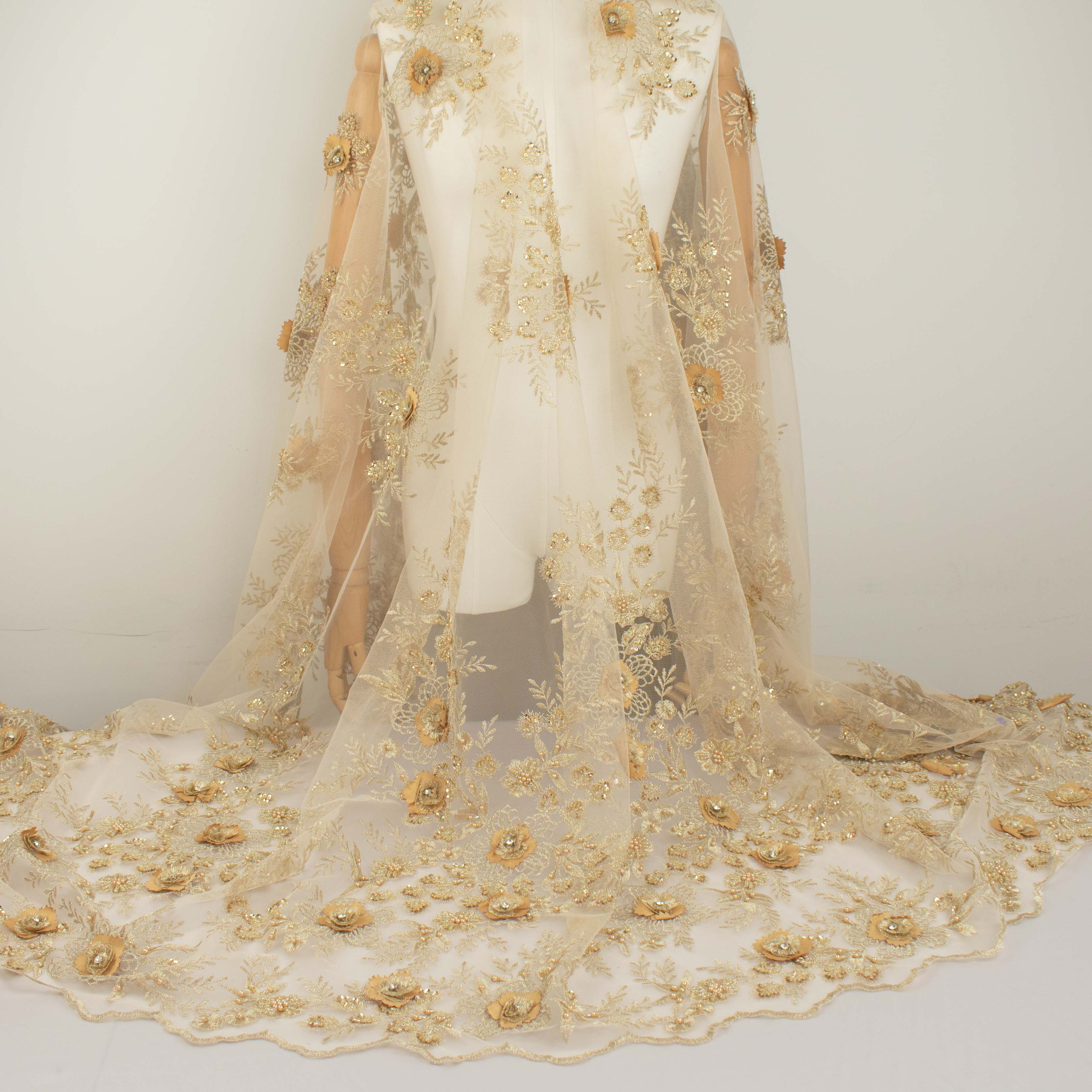 Diamante 3D Roses With Pearl Beaded Sequins Lace Gold