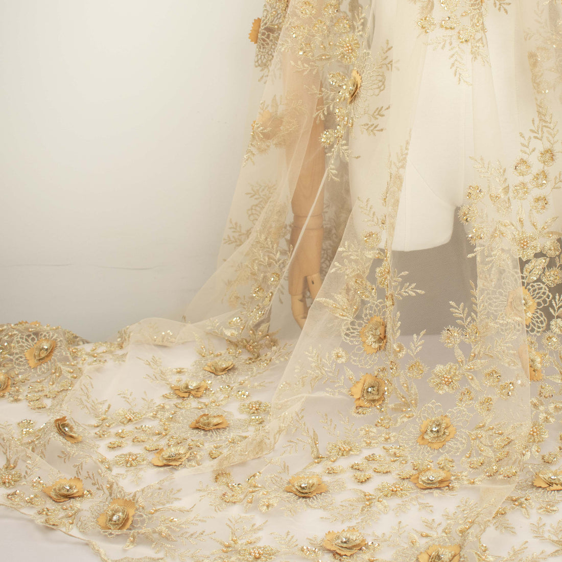 Diamante 3D Roses With Pearl Beaded Sequins Lace Gold