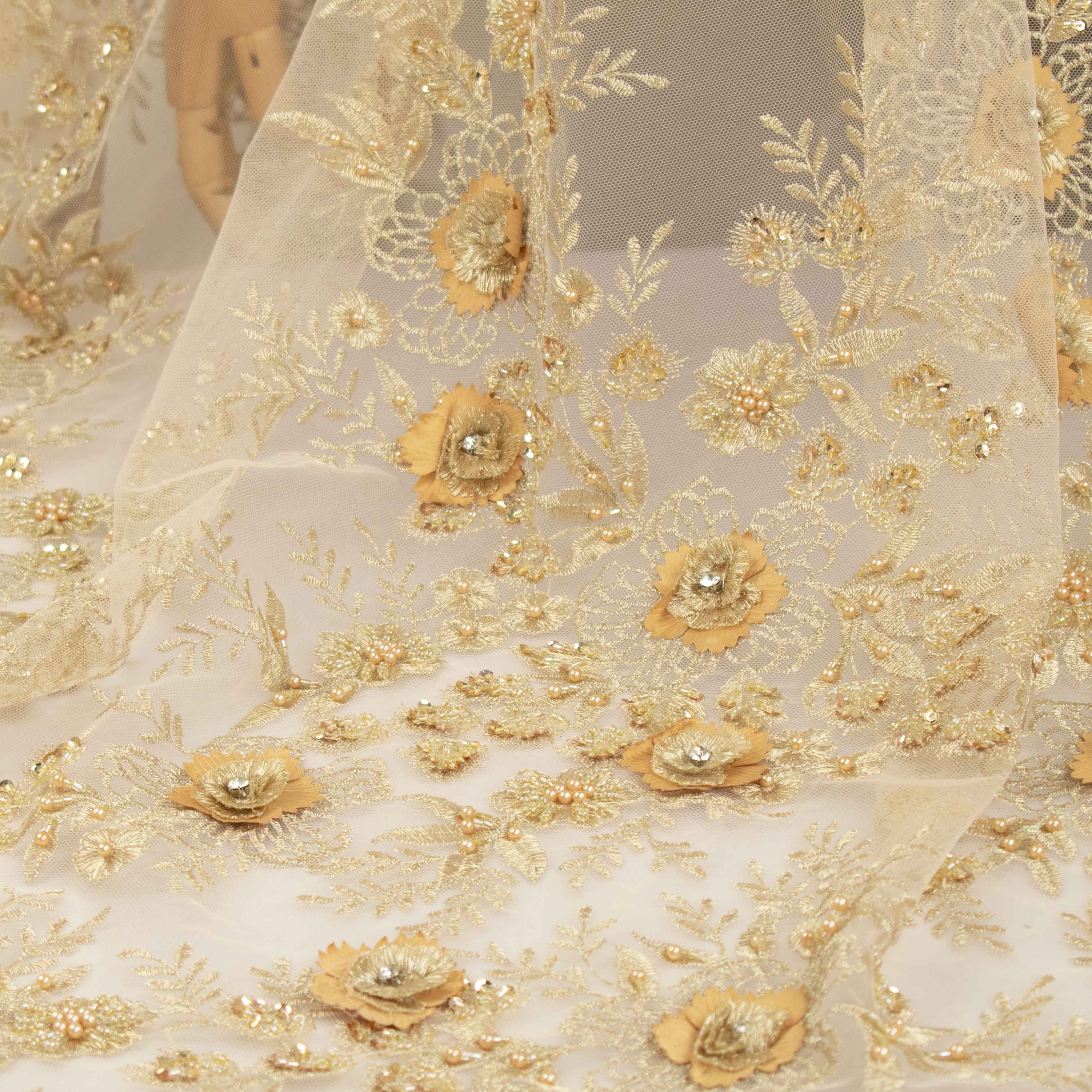 Diamante 3D Roses With Pearl Beaded Sequins Lace Gold