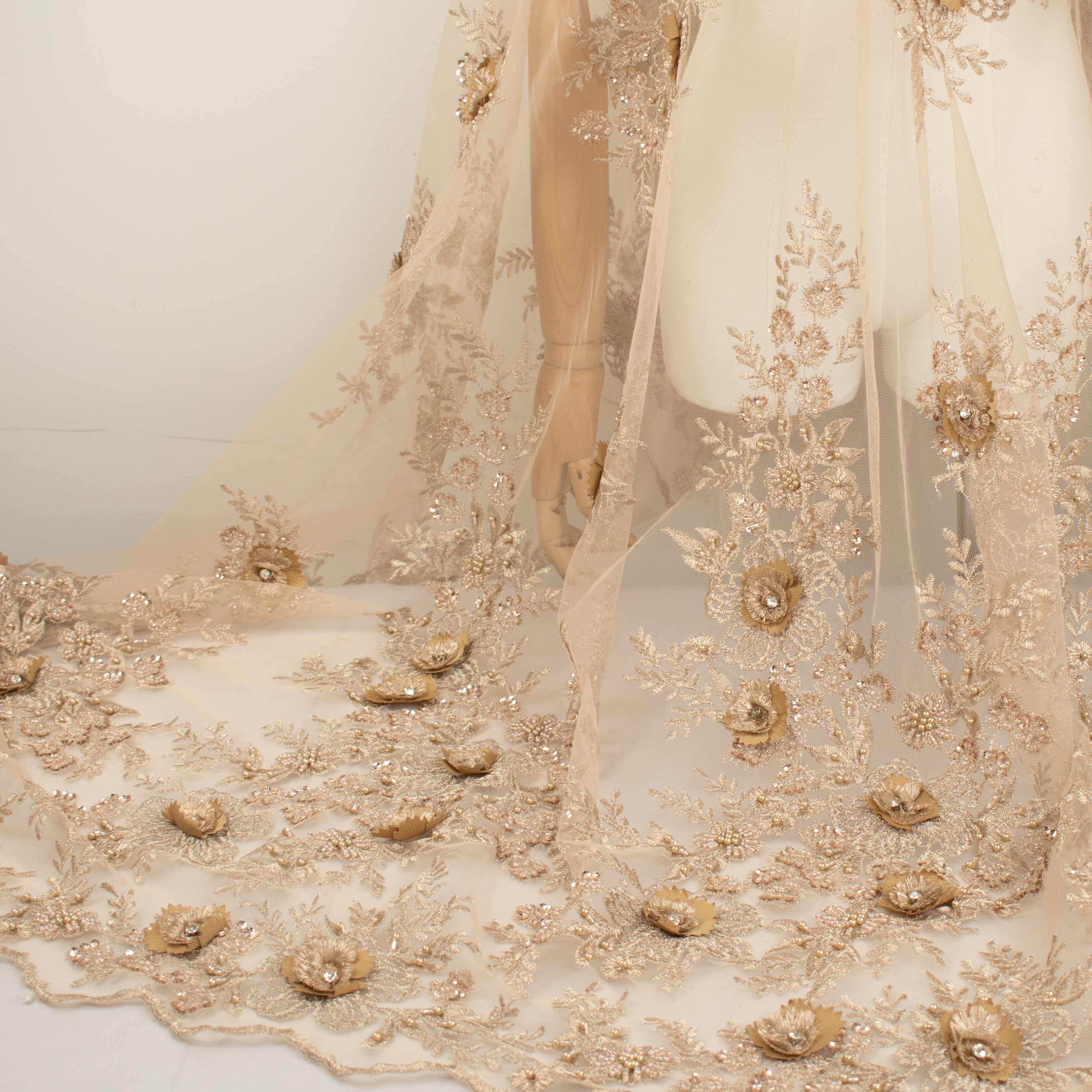 Diamante 3D Roses With Pearl Beaded Sequins Lace Latte