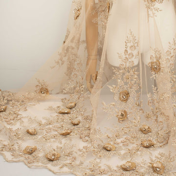 Diamante 3D Roses With Pearl Beaded Sequins Lace Latte