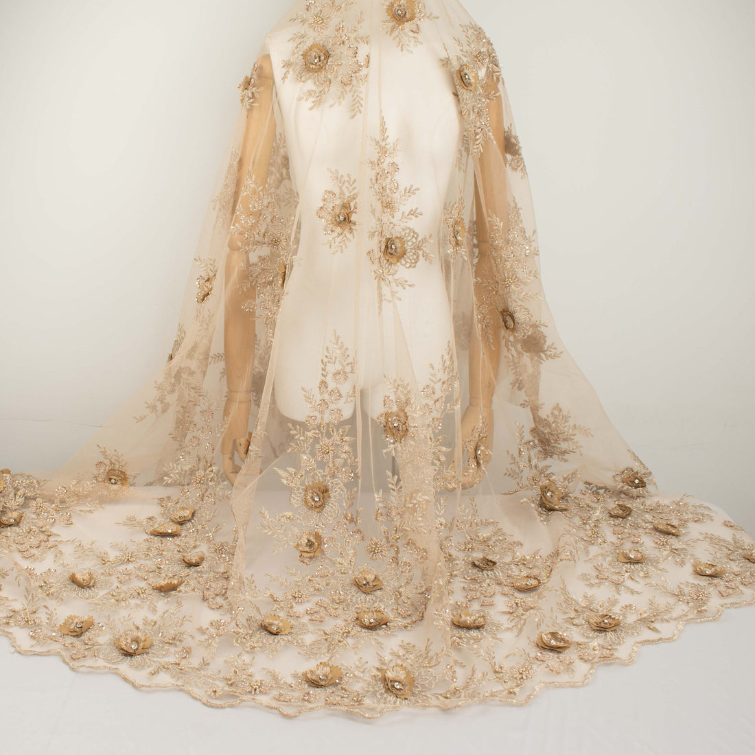 Diamante 3D Roses With Pearl Beaded Sequins Lace Latte