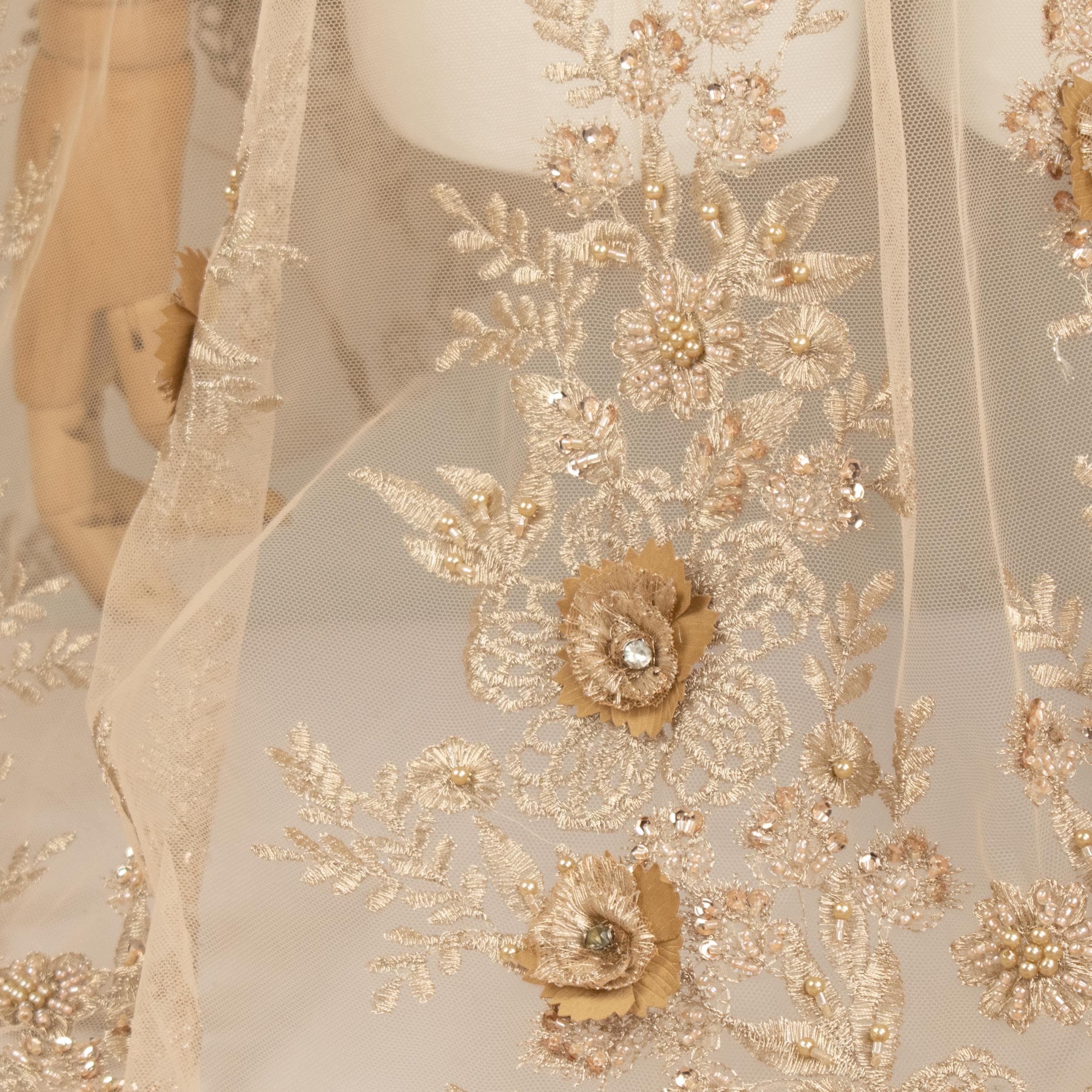 Diamante 3D Roses With Pearl Beaded Sequins Lace Latte