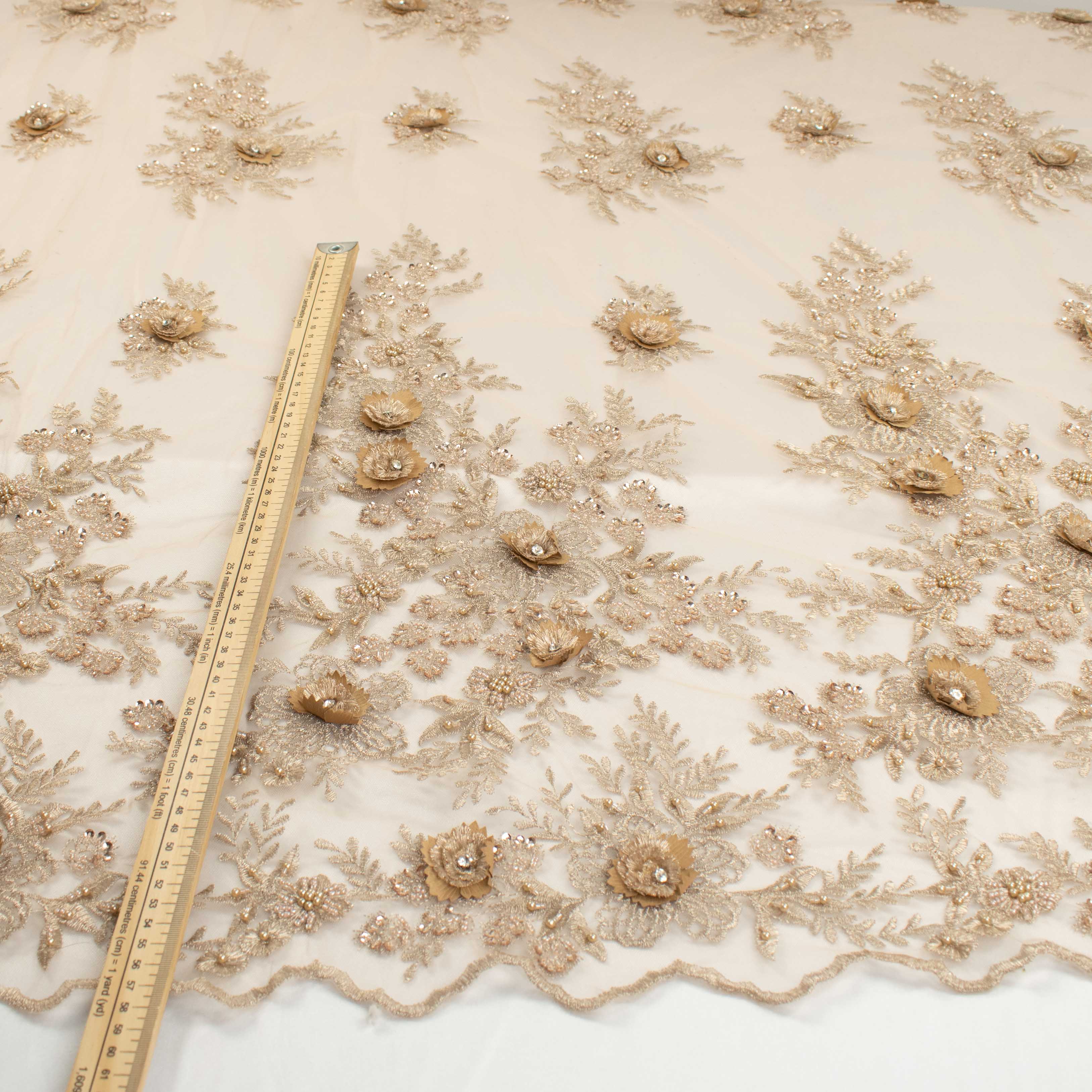 Diamante 3D Roses With Pearl Beaded Sequins Lace Latte