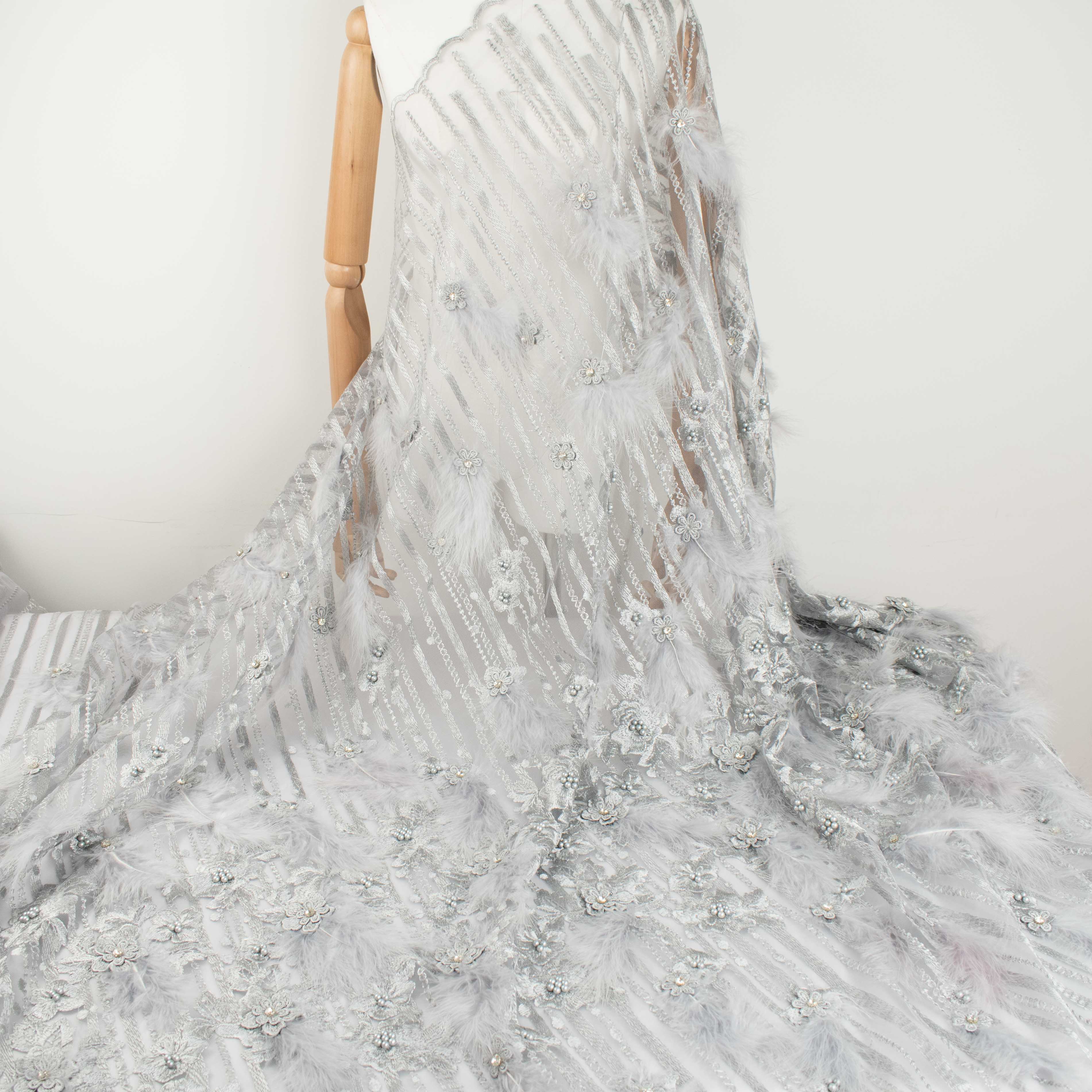 Diamante Feather 3D Flower Lace Silver