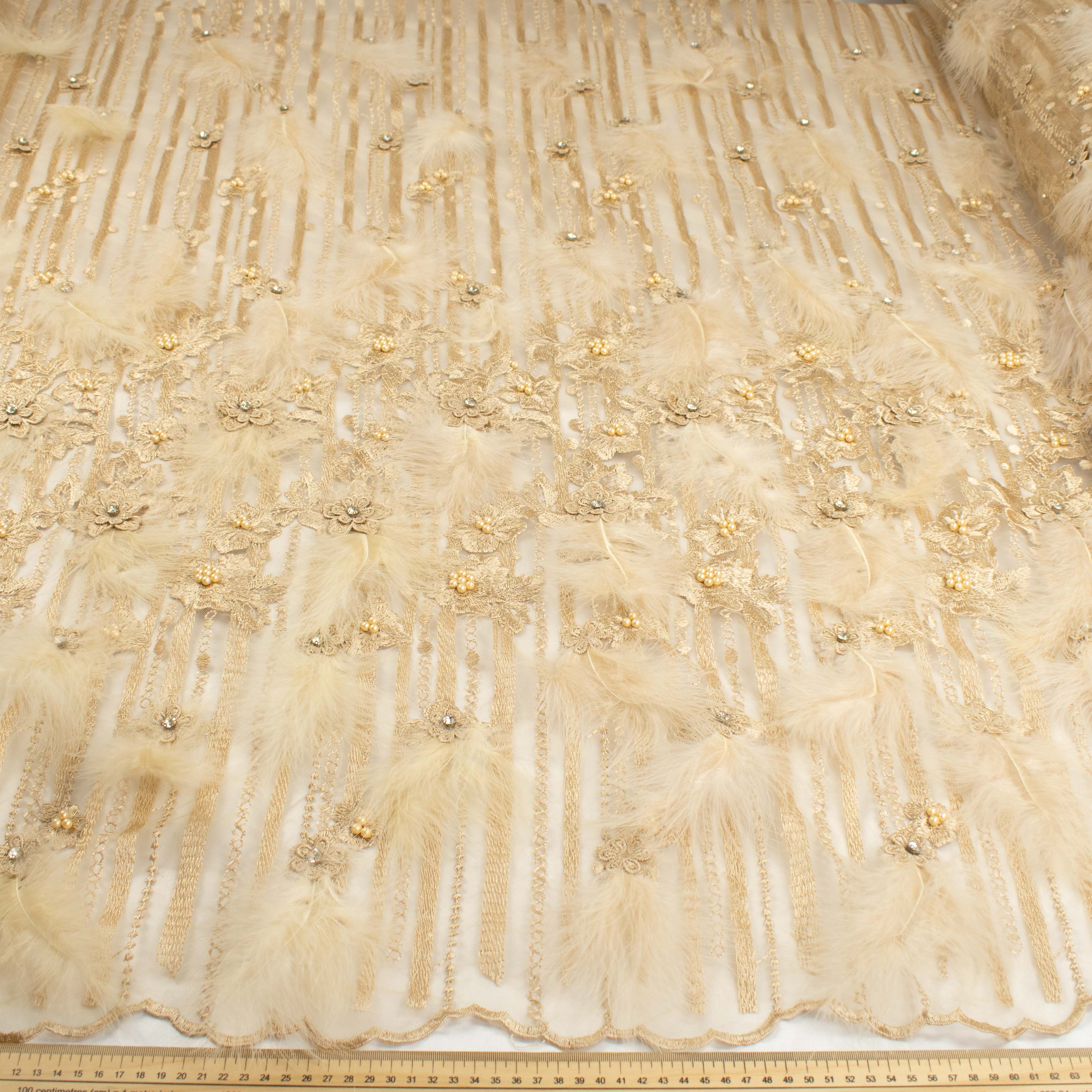 Diamante Feather 3D Flower Lace Gold