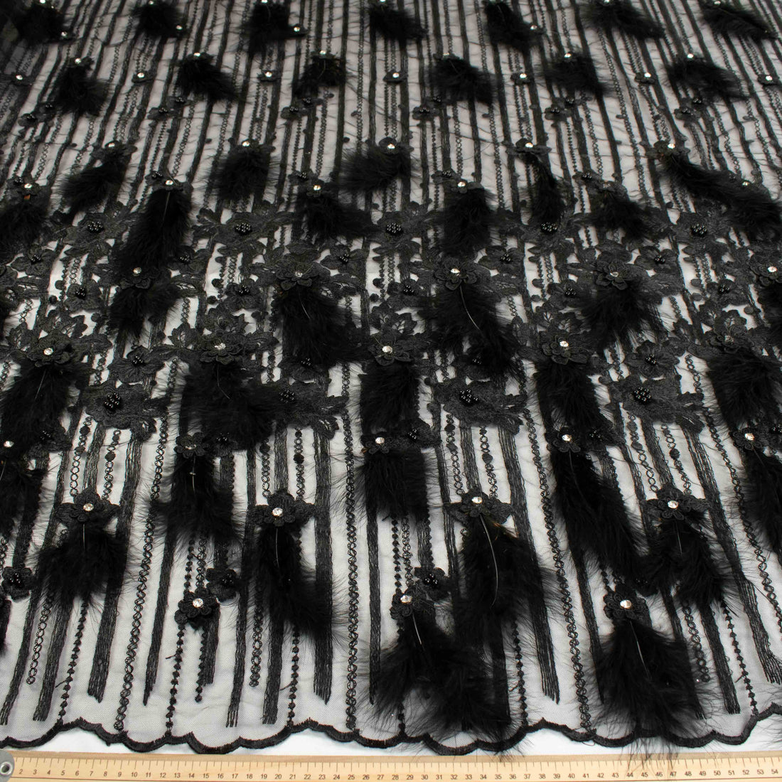 Diamante Feather 3D Flower Lace Black