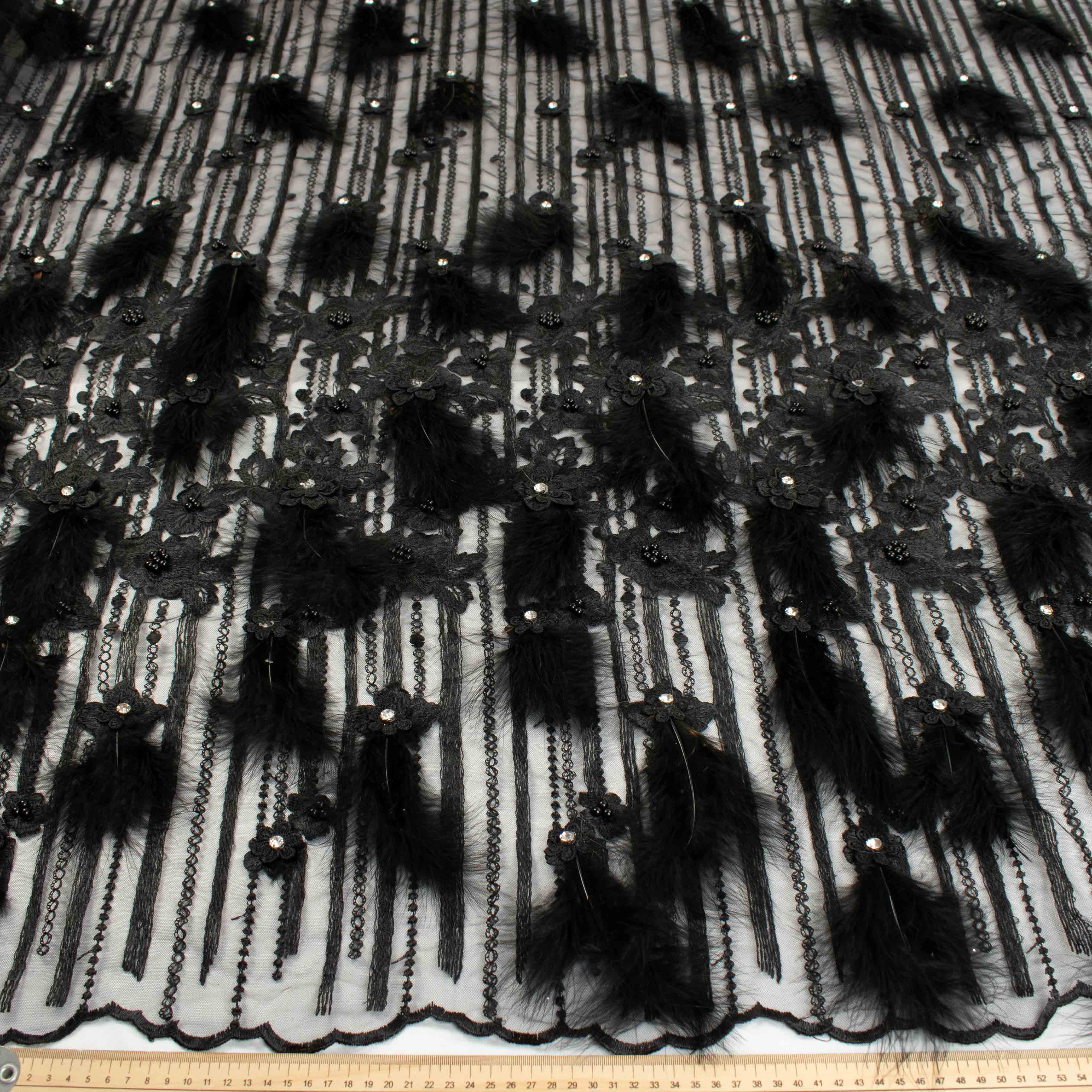 Diamante Feather 3D Flower Lace Black