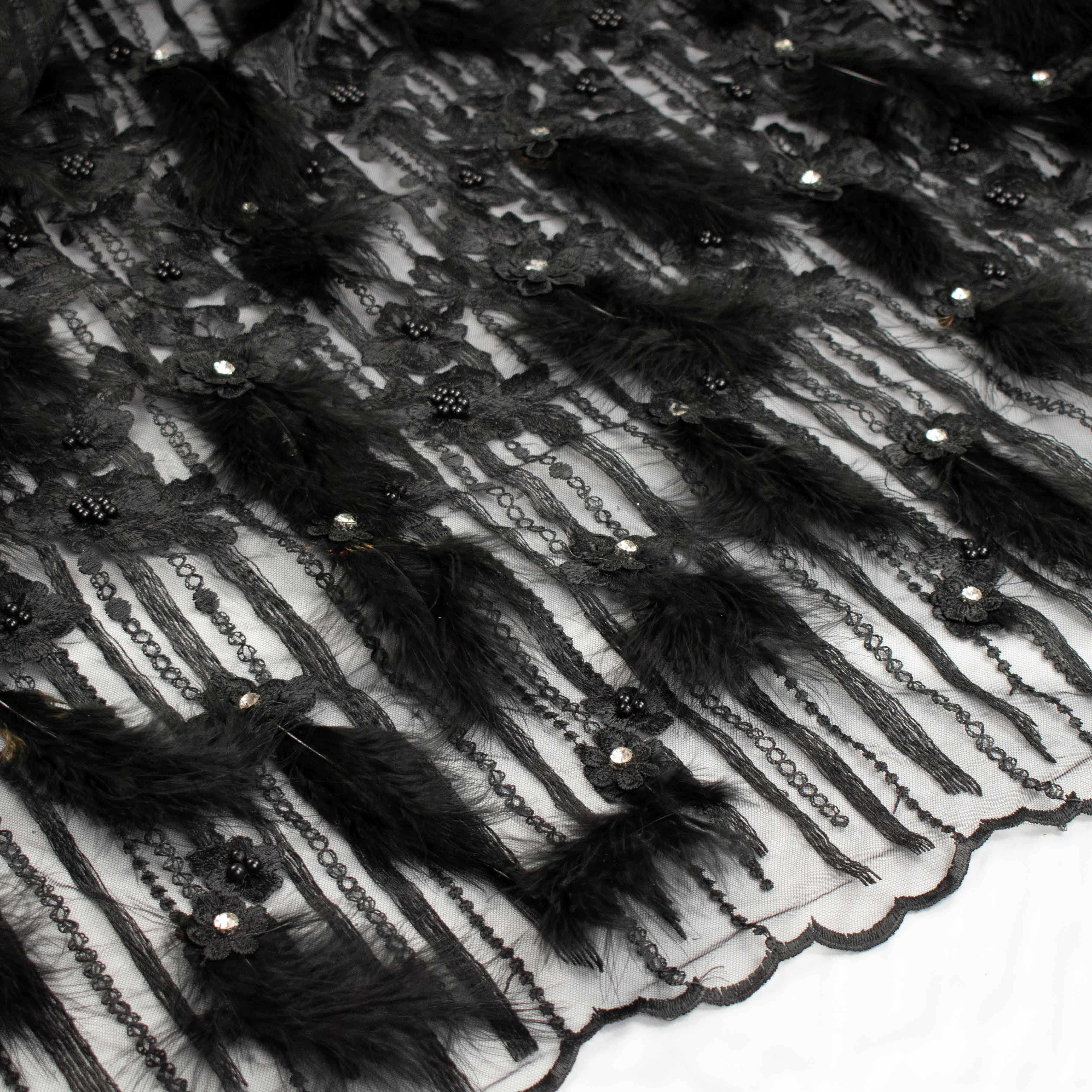Diamante Feather 3D Flower Lace Black