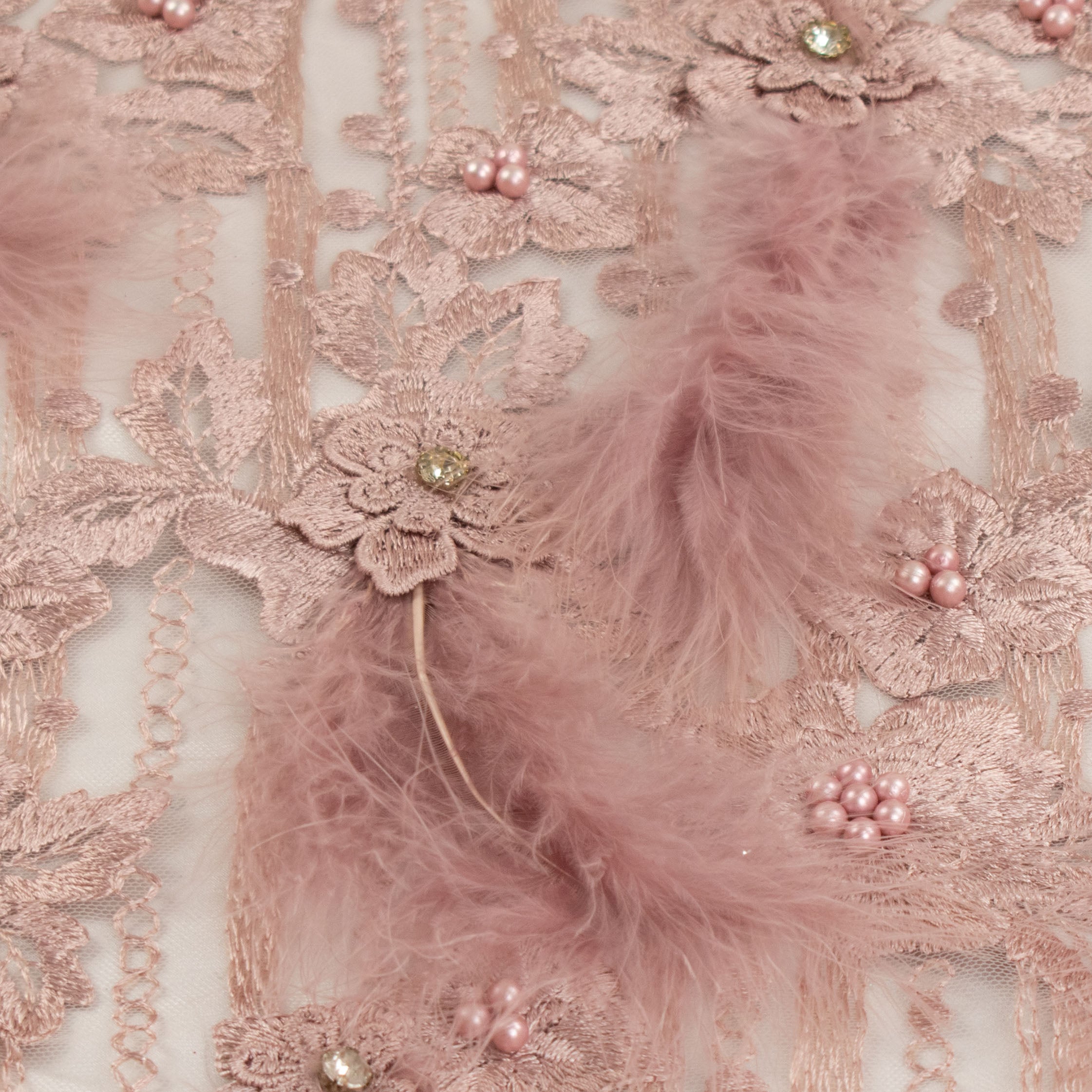 Diamante Feather 3D Flower Lace Dusty Pink