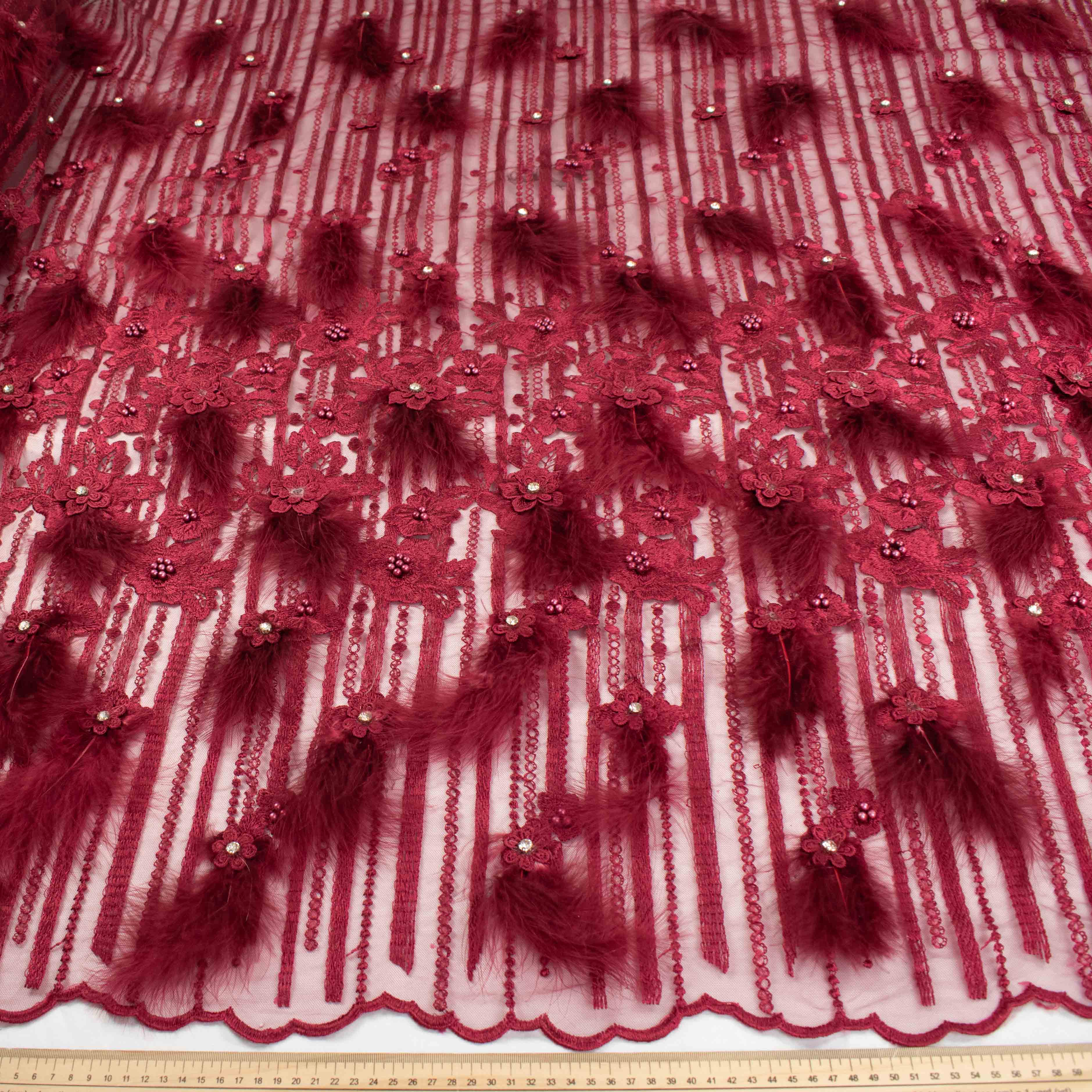 Diamante Feather 3D Flower Lace Maroon