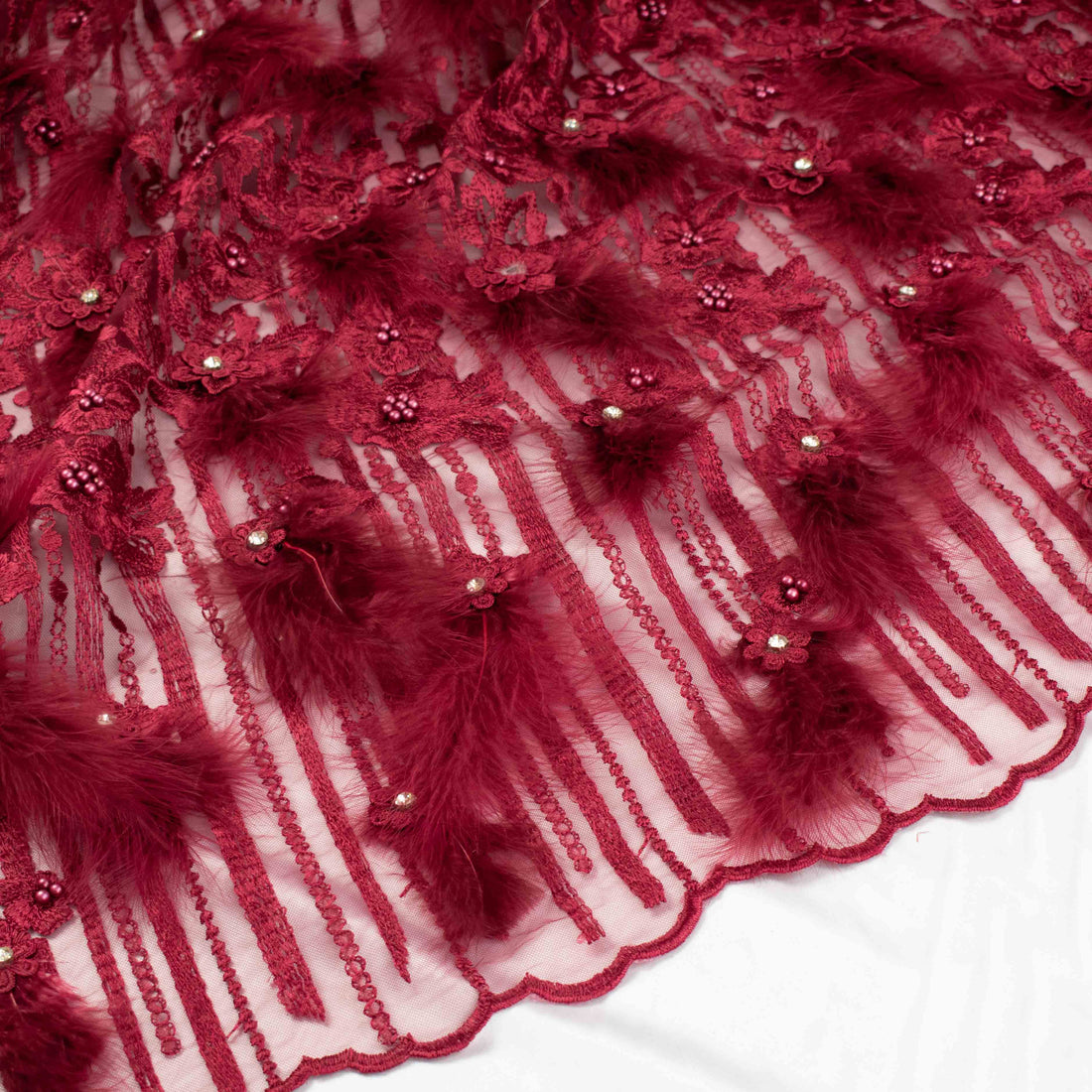 Diamante Feather 3D Flower Lace Maroon