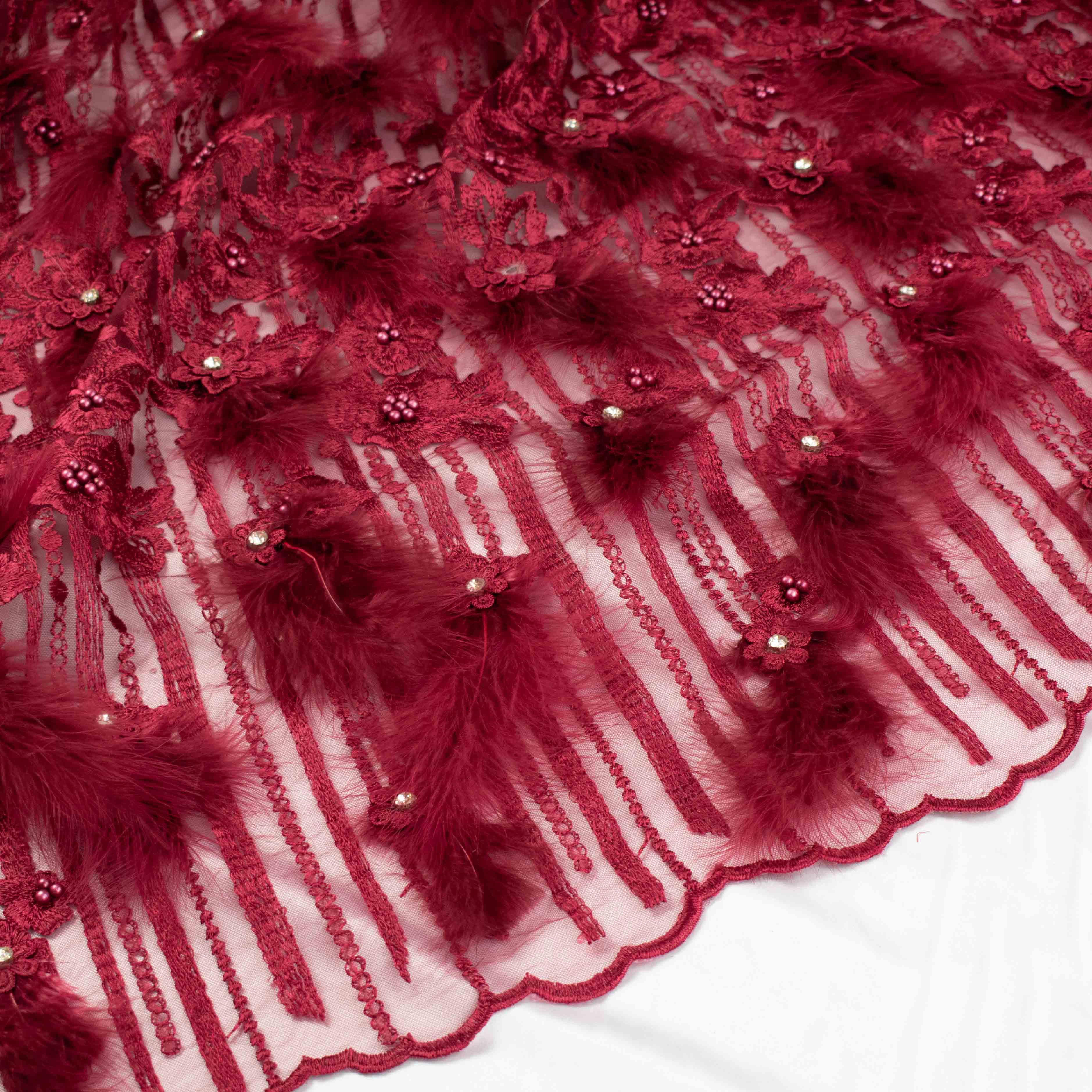 Diamante Feather 3D Flower Lace Maroon