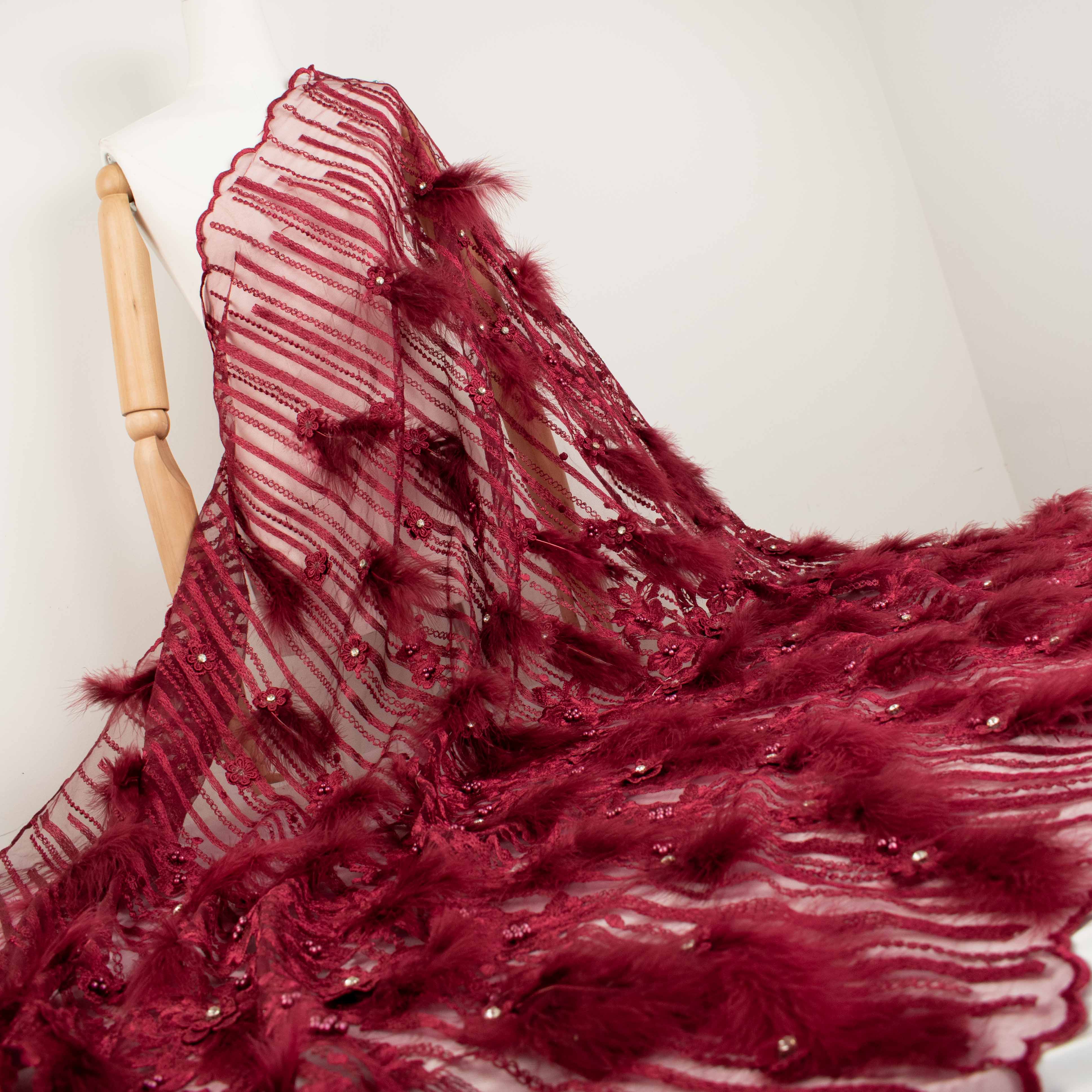 Diamante Feather 3D Flower Lace Maroon