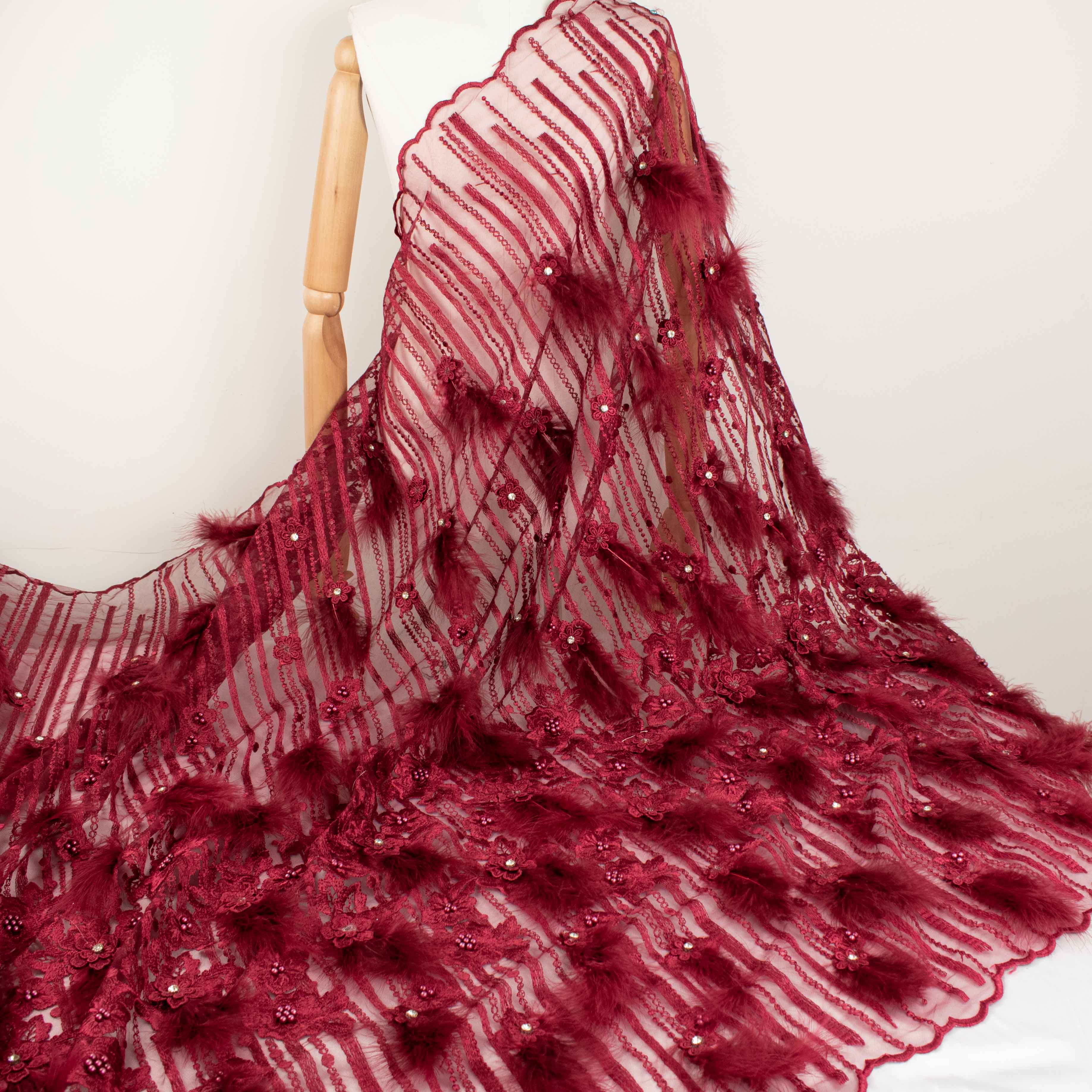 Diamante Feather 3D Flower Lace Maroon