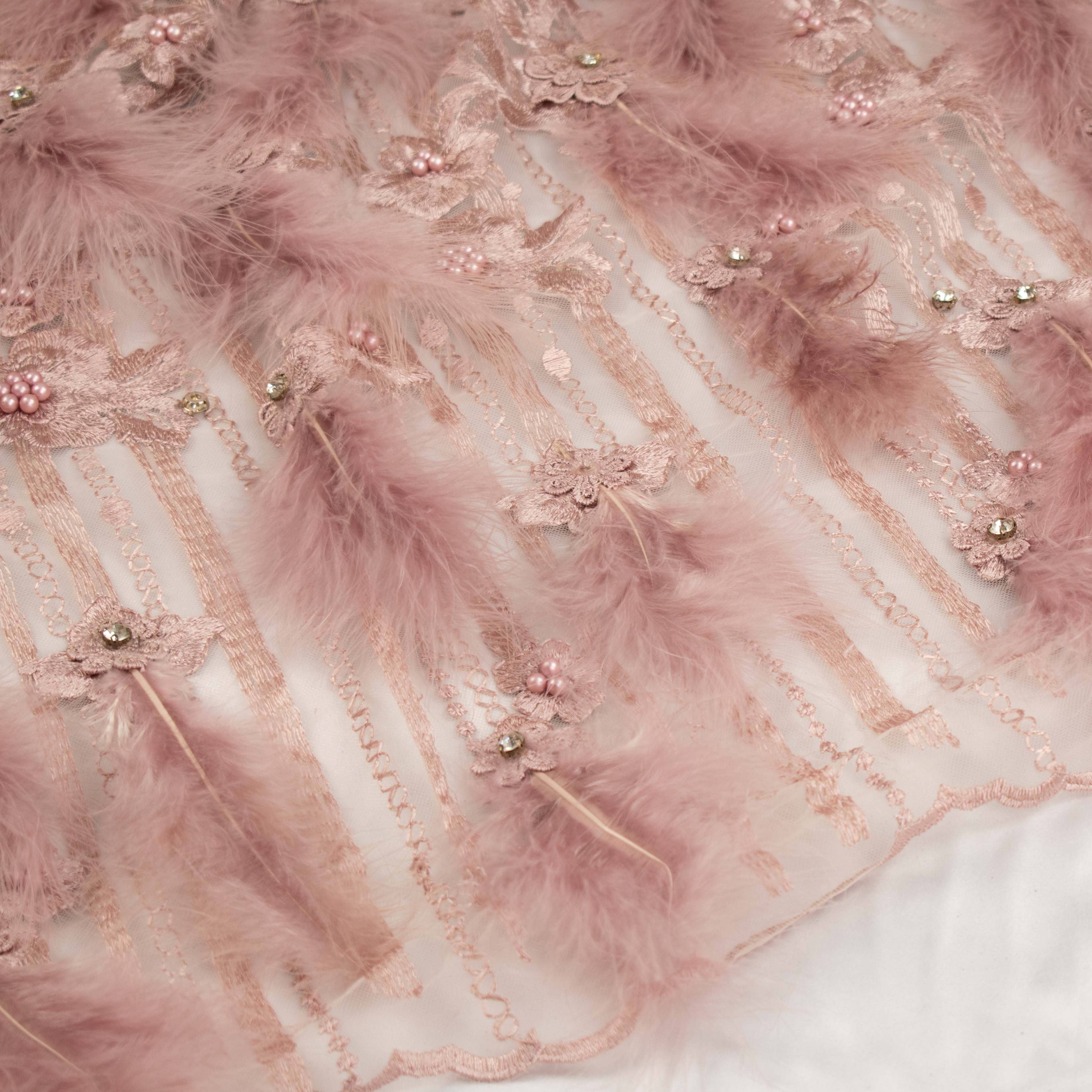 Diamante Feather 3D Flower Lace Dusty Pink