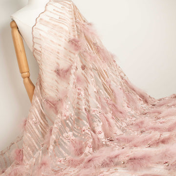 Diamante Feather 3D Flower Lace Dusty Pink