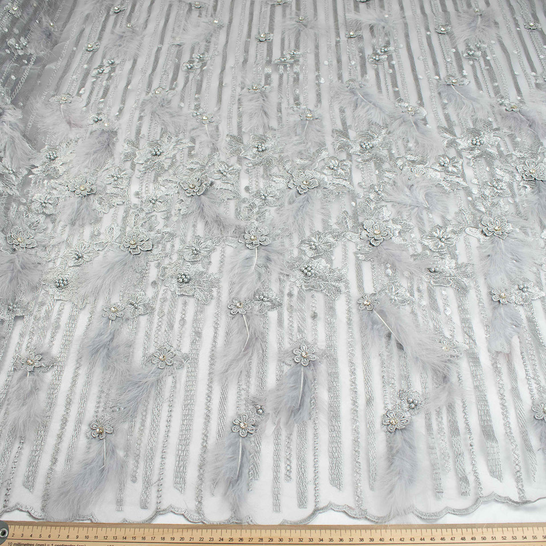 Diamante Feather 3D Flower Lace Silver