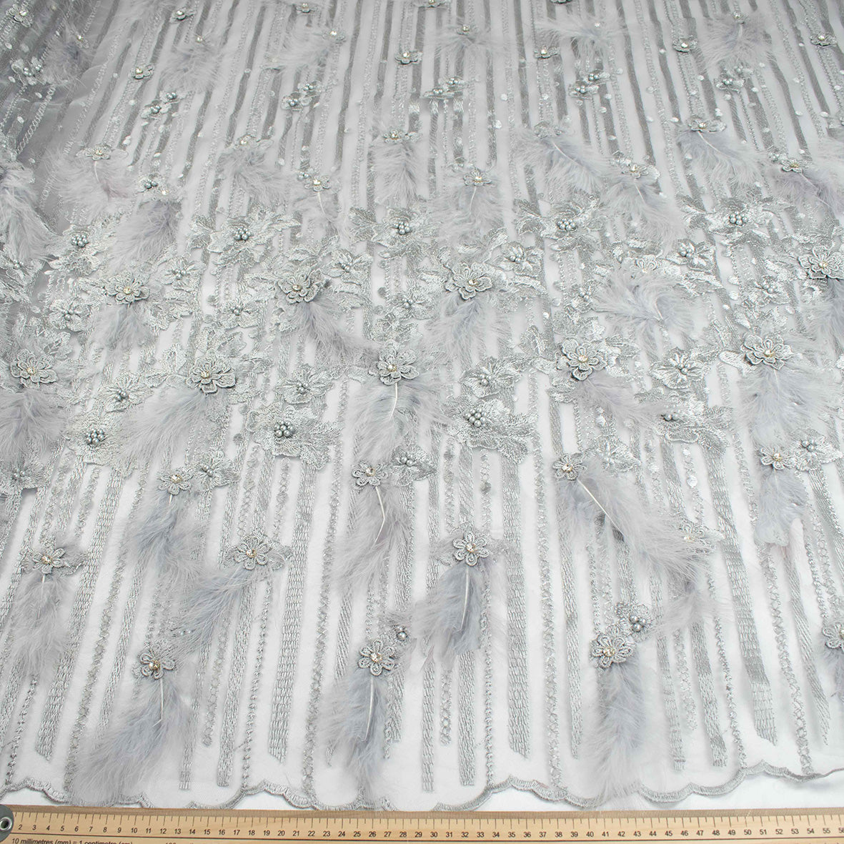 Diamante Feather 3D Flower Lace Silver