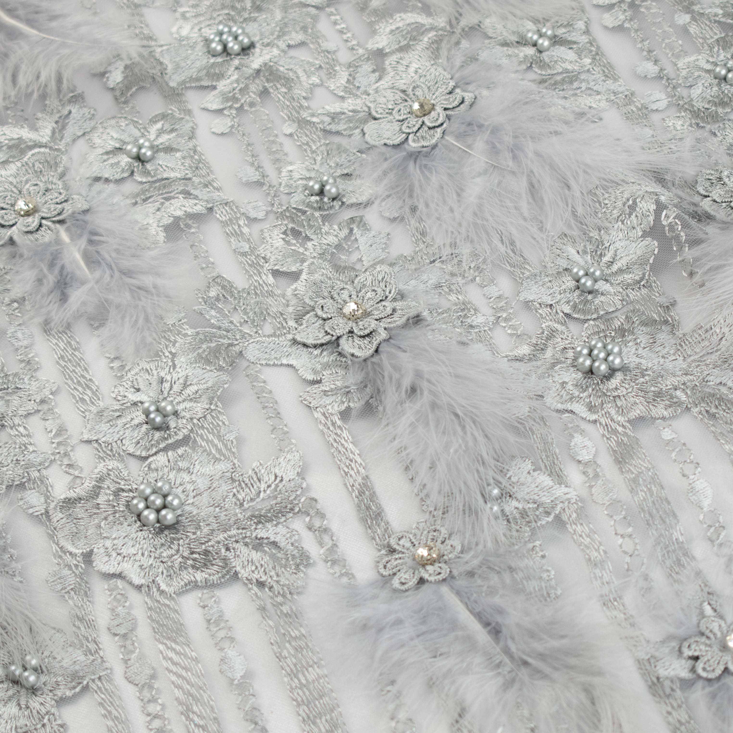 Diamante Feather 3D Flower Lace Silver