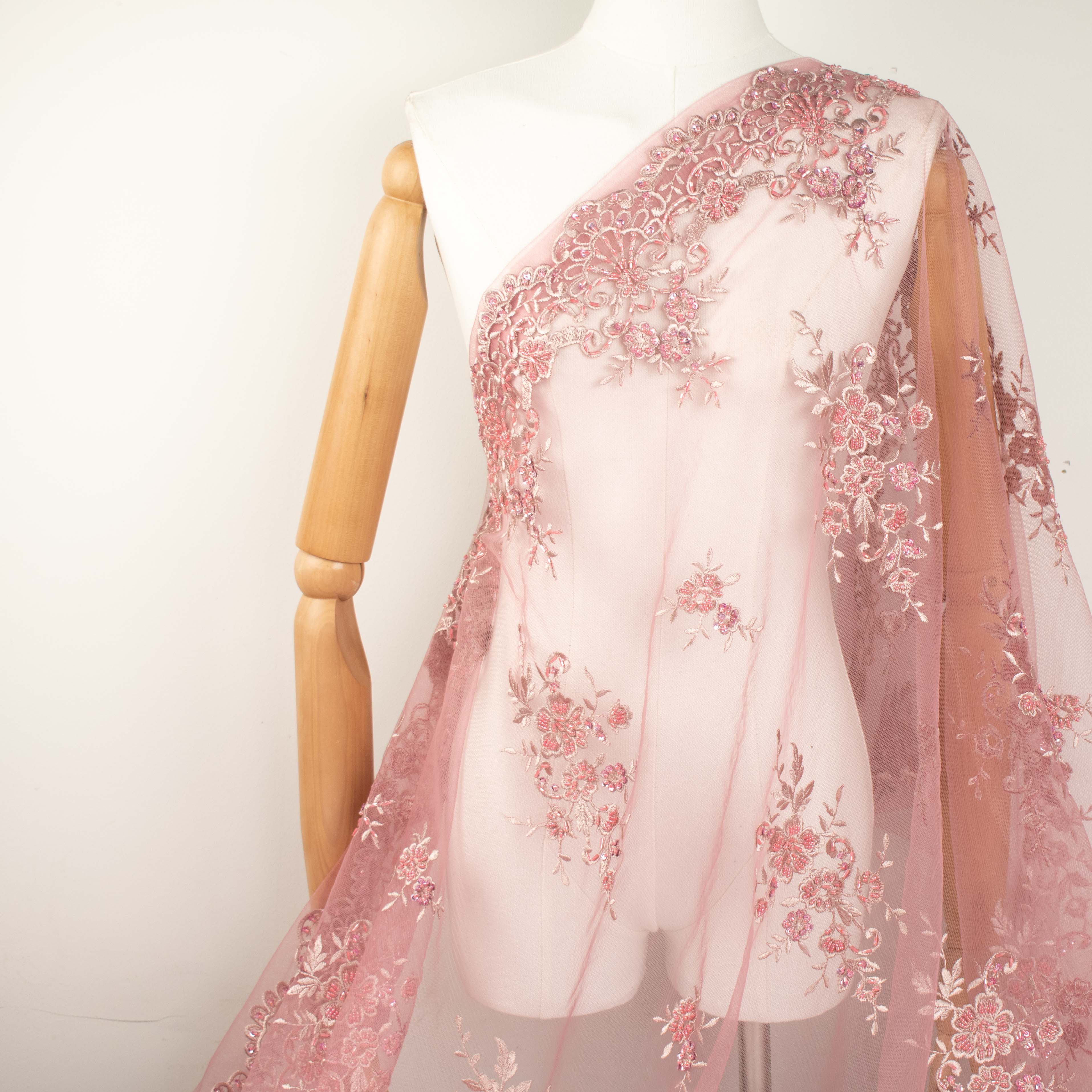 Heavy Beaded Sequin Embroidered Lace Dusty Pink