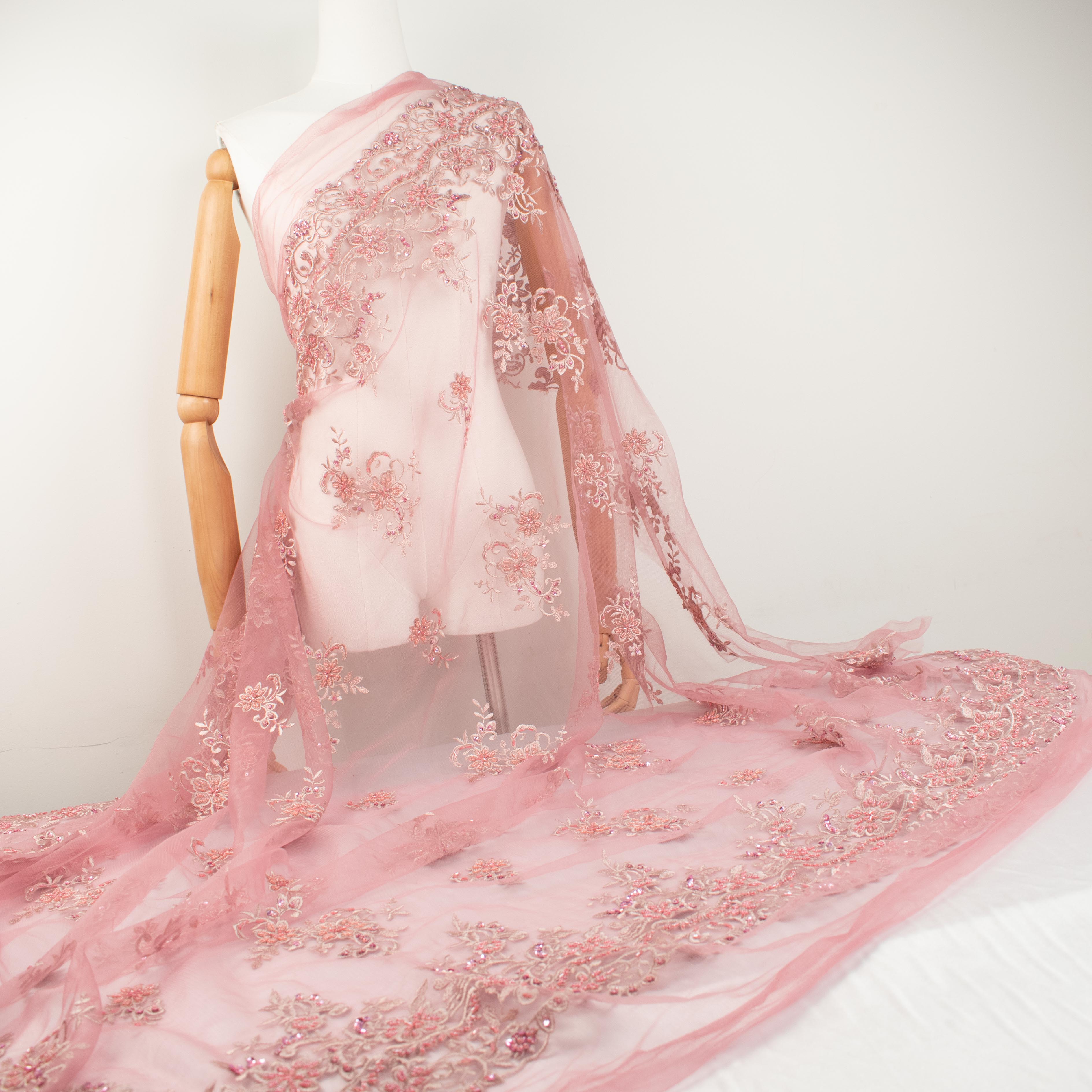 Beaded Sequin Embroidered Lace Dusty Pink