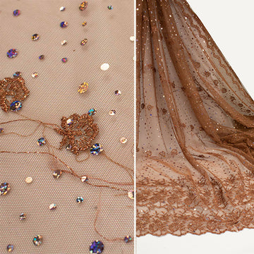 Sequin Embroidered Lace Brown Floral