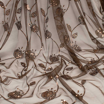 Sequin Embroidered Lace Brown Floral Vines