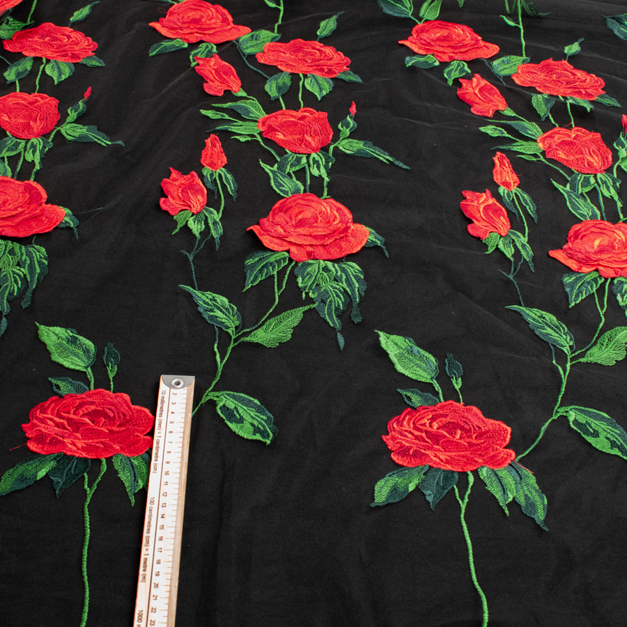 Embroidered Red Roses Net Lace