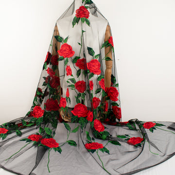 Embroidered Red Roses Net Lace