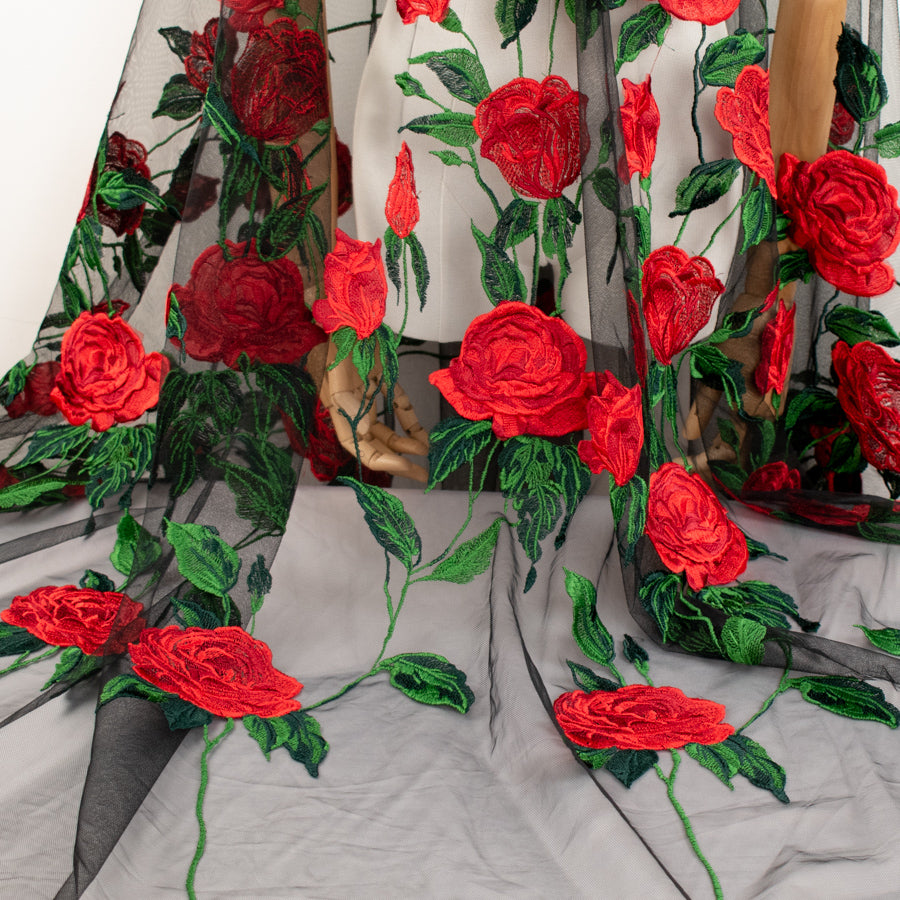 Embroidered Red Roses Net Lace