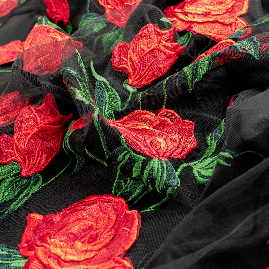Embroidered Red Roses Net Lace