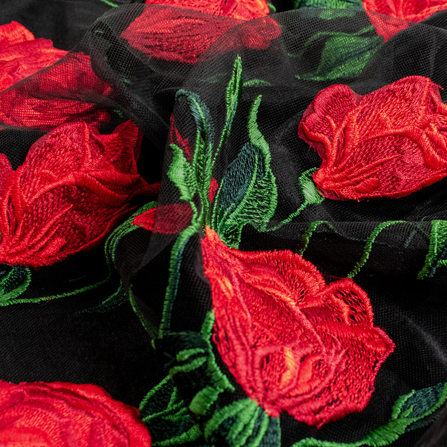 Embroidered Red Roses Net Lace