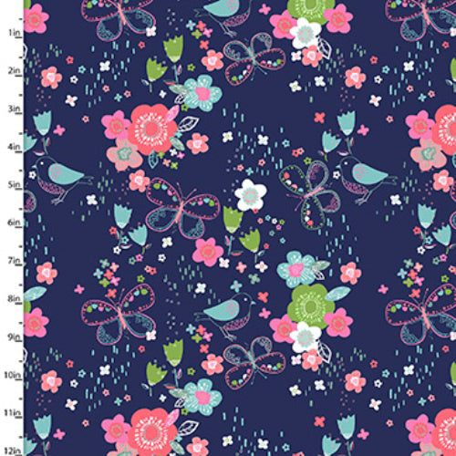 Fabric Editions Hello Spring Garden Navy Garden With Butterfly Flower and Birds Cotton Prints