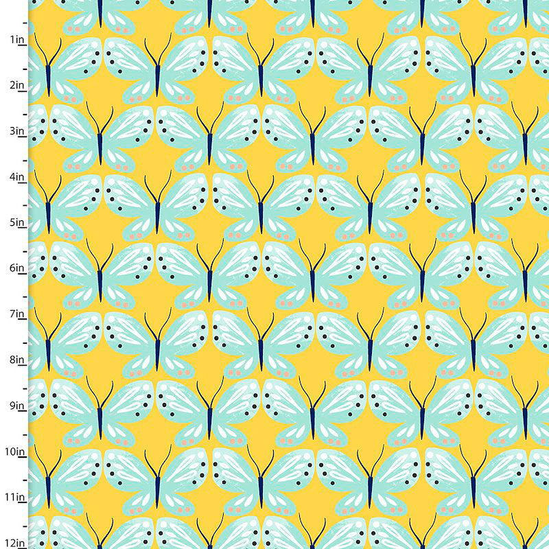 Fabric Editions Madison Turquoise Butterfly on Yellow Cotton Prints