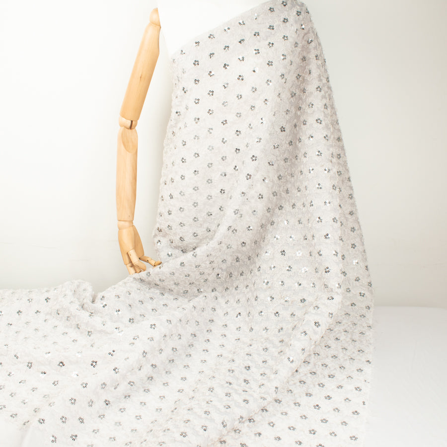 3D Flower Sequins Organza Trim Embroidery Lace Silver