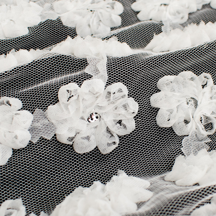 3D Flower Sequins Organza Trim Embroidery Lace Silver